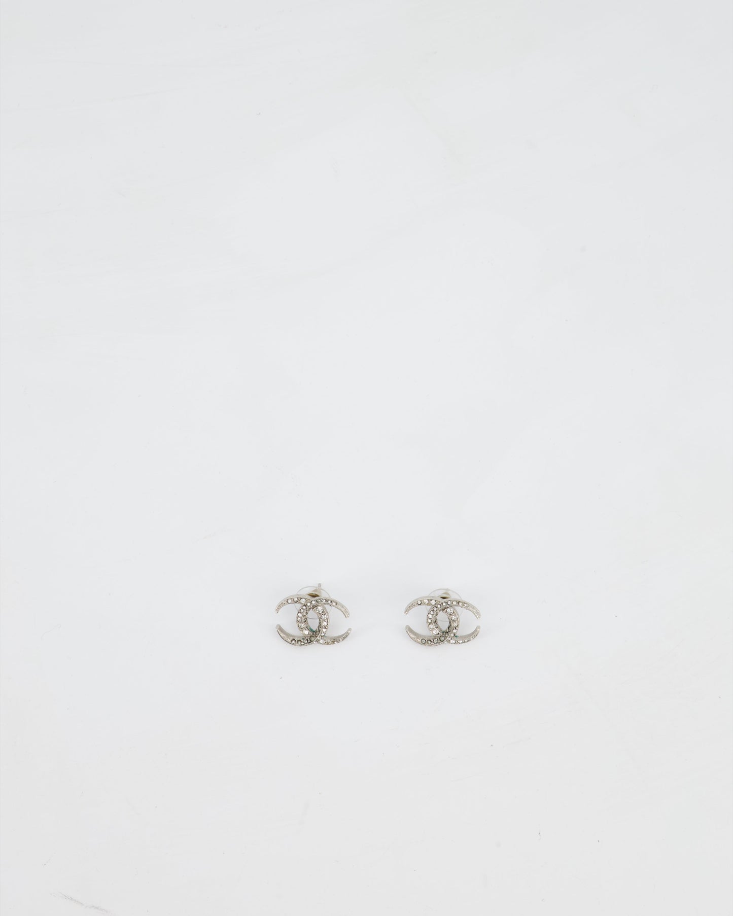 Chanel Silver Cc Stud Earrings With Crystal Details