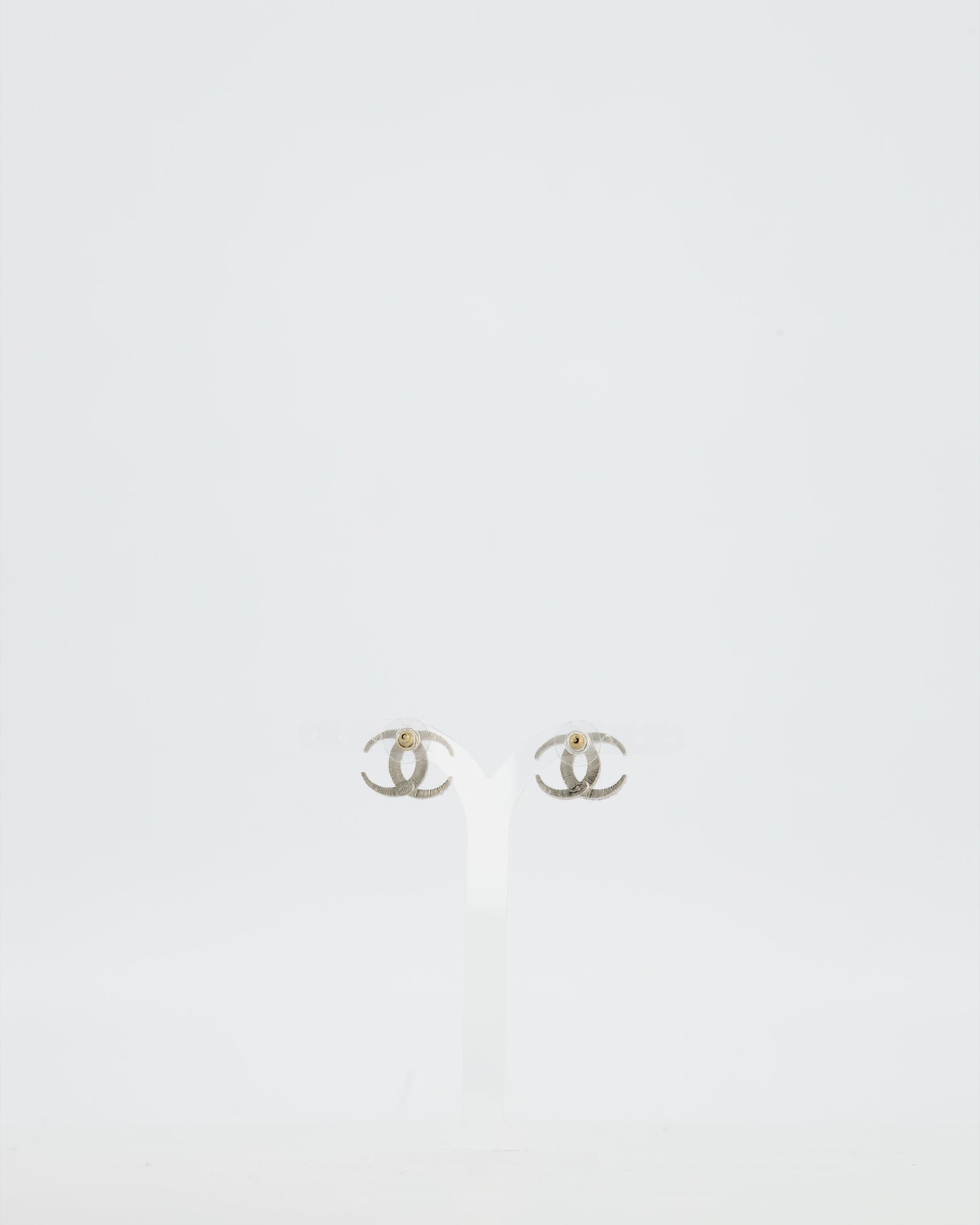 Chanel Silver Cc Stud Earrings With Crystal Details