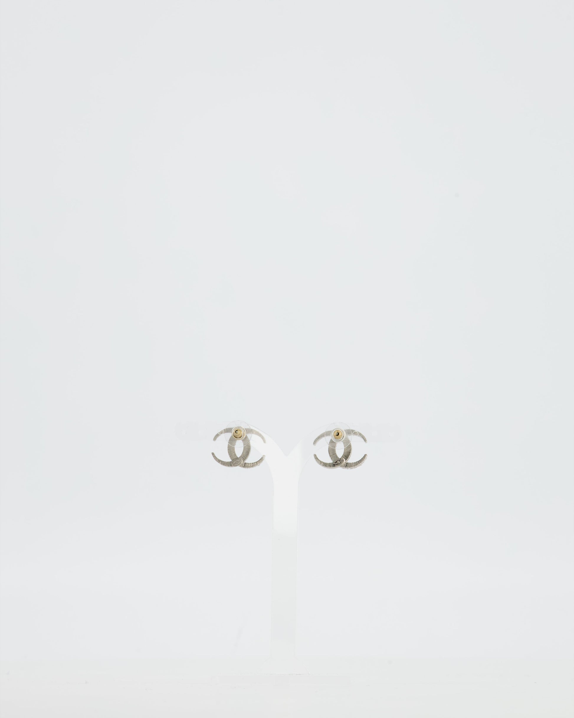 Chanel Silver Cc Stud Earrings With Crystal Details