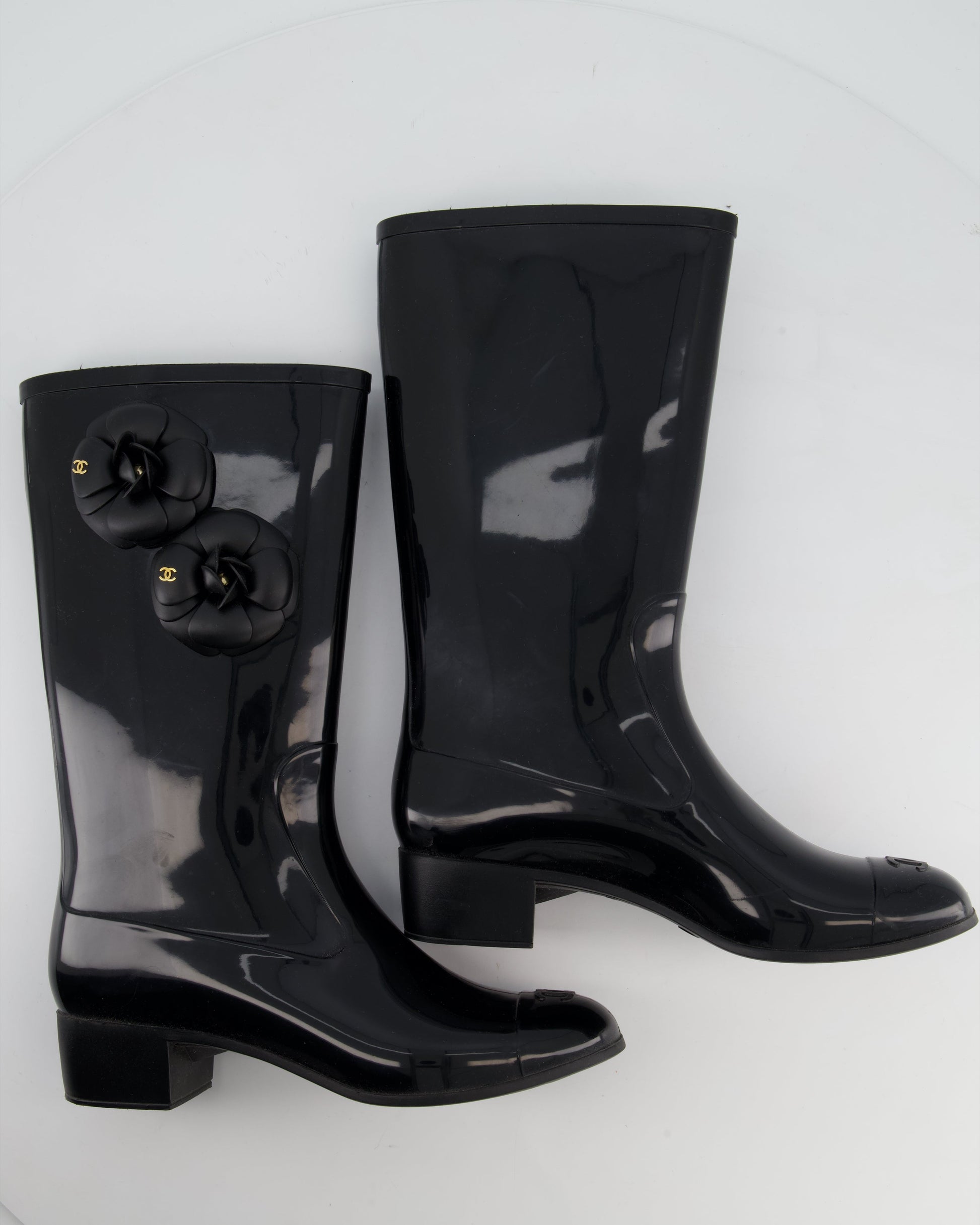 Chanel Black Camellia Wellington Boots Size Eu 40