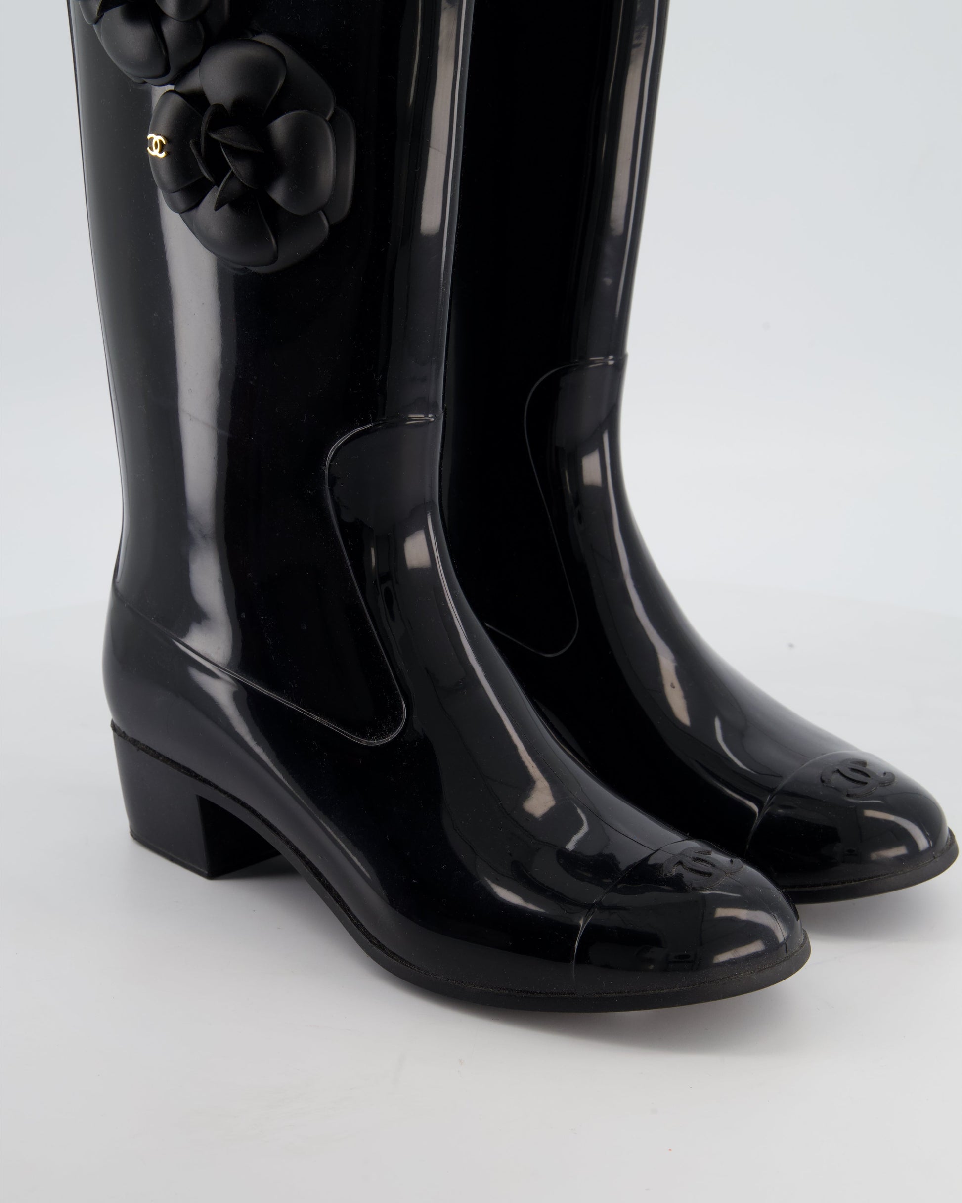 Chanel Black Camellia Wellington Boots Size Eu 40