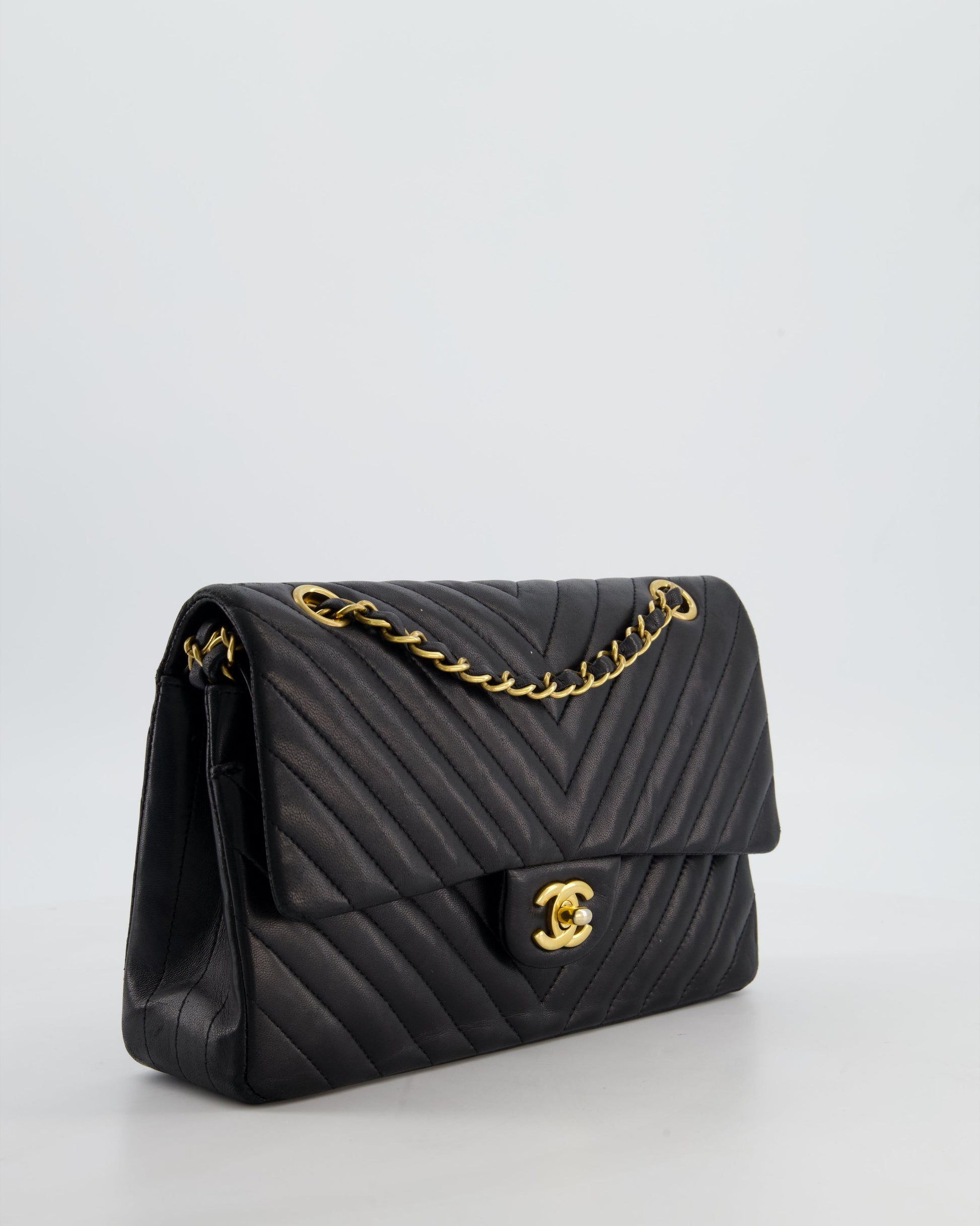 Chanel *Fire Price* Black Chevron Medium Classic Double Flap Bag In Lambskin Leather With Gold Hardware