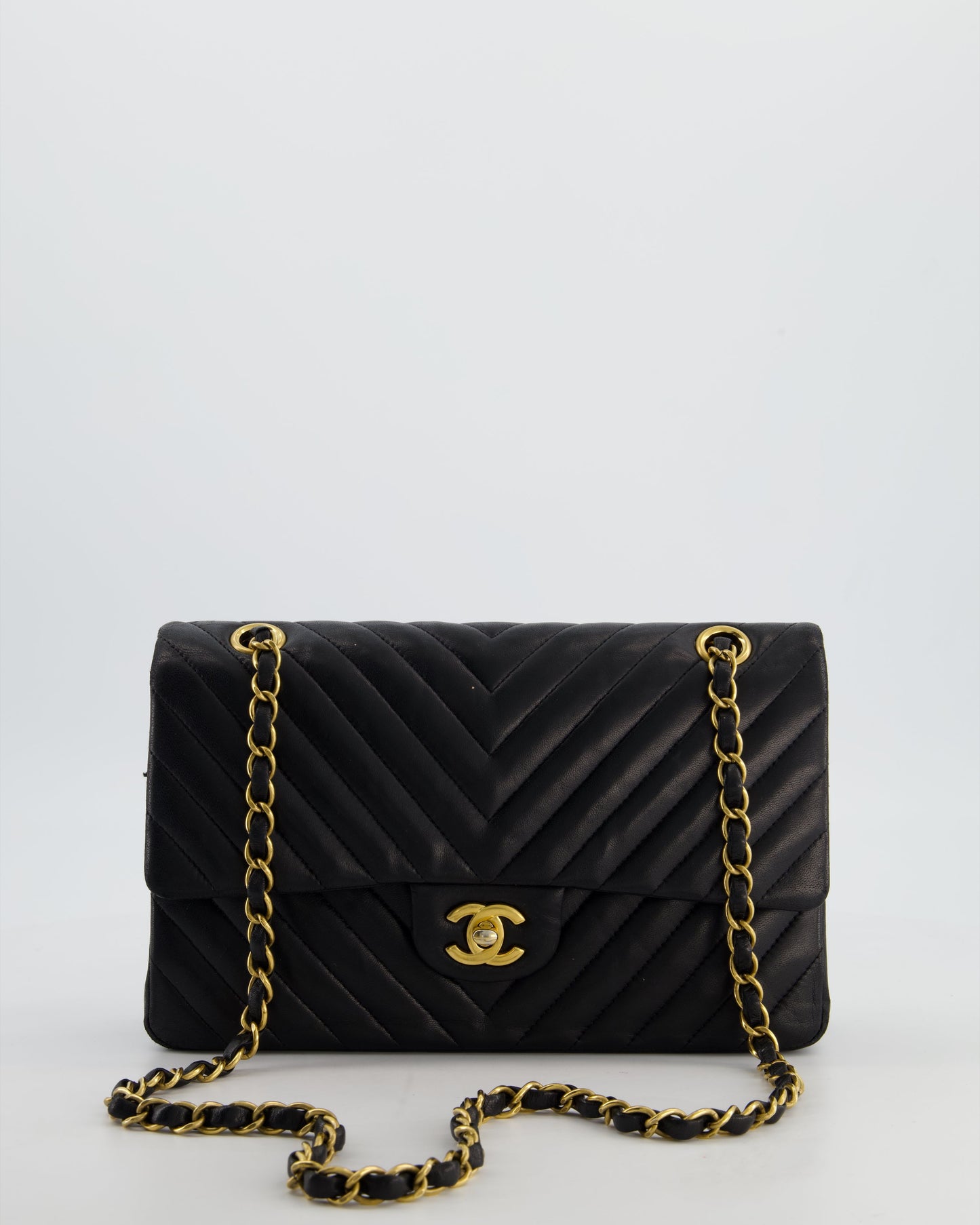 Chanel *fire Price* Black Chevron Medium Classic Double Flap Bag in Lambskin Leather with Gold Hardware