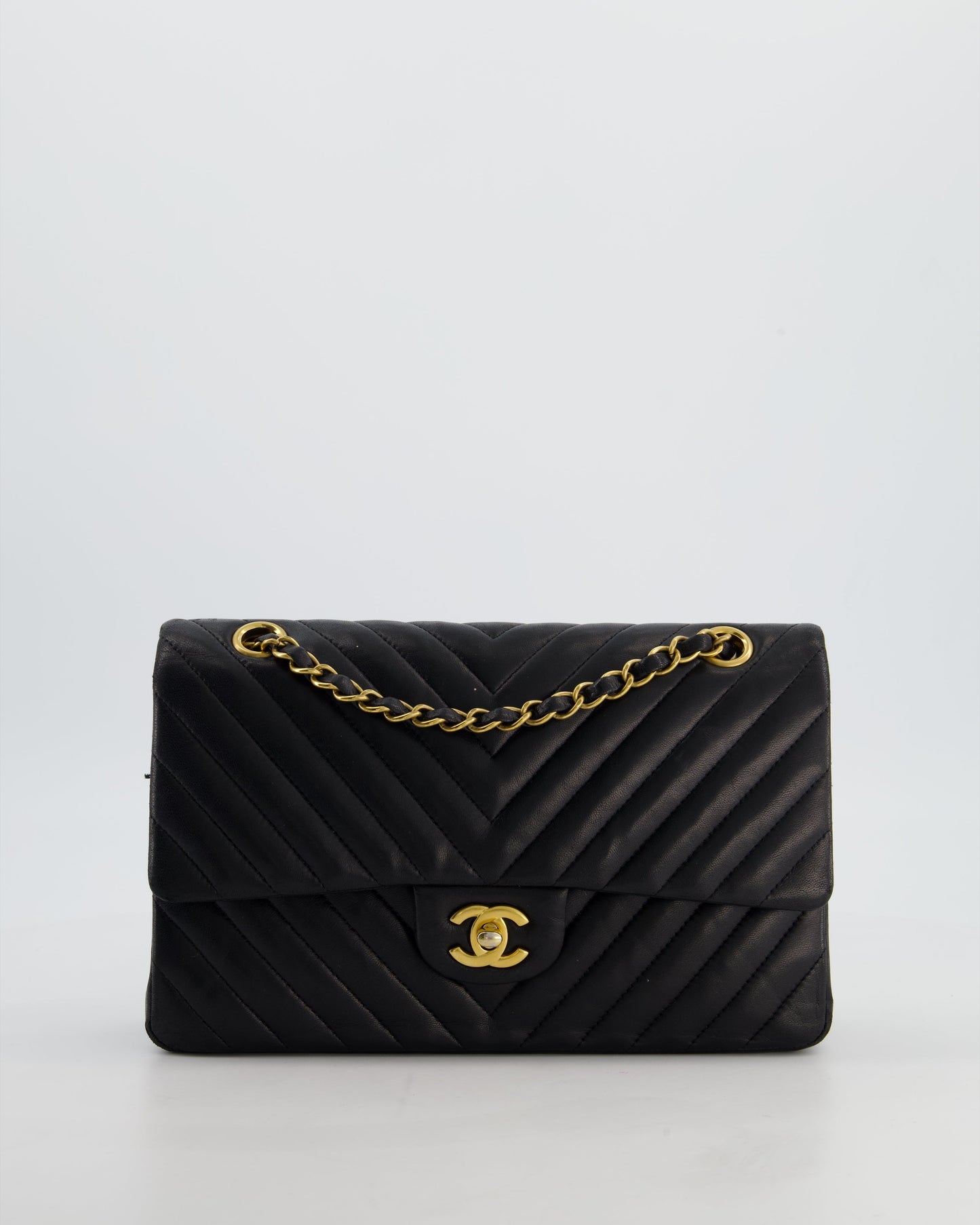 Chanel *Fire Price* Black Chevron Medium Classic Double Flap Bag In Lambskin Leather With Gold Hardware