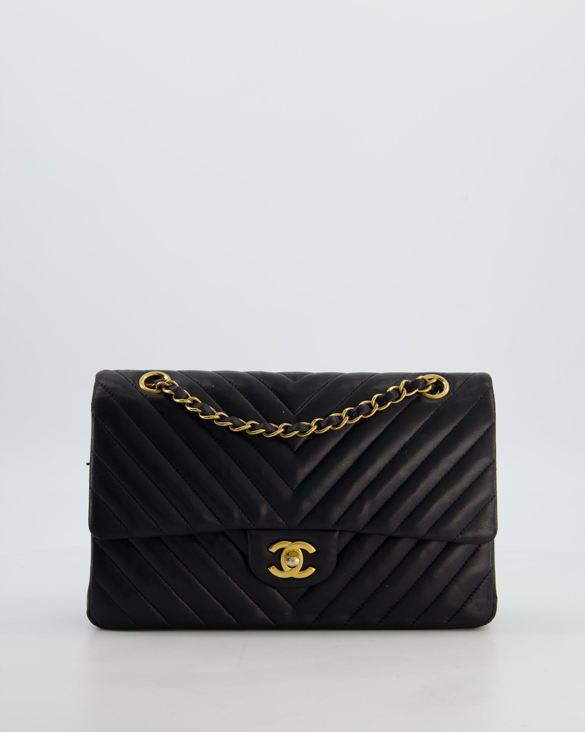 Chanel *Fire Price* Black Chevron Medium Classic Double Flap Bag In Lambskin Leather With Gold Hardware