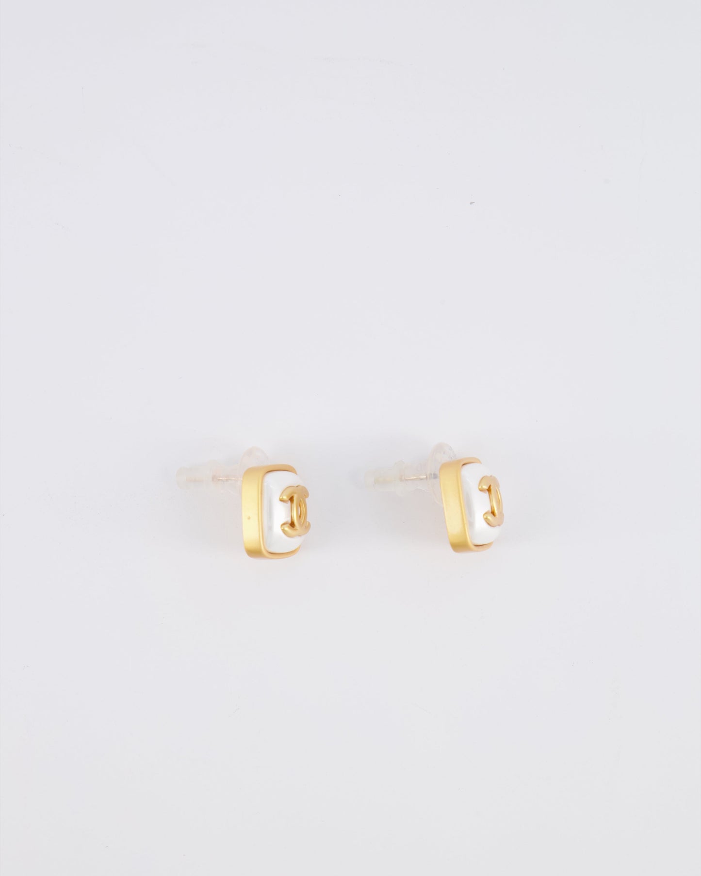 Chanel 25A Brushed Gold and White CC Logo Small Square Earrings