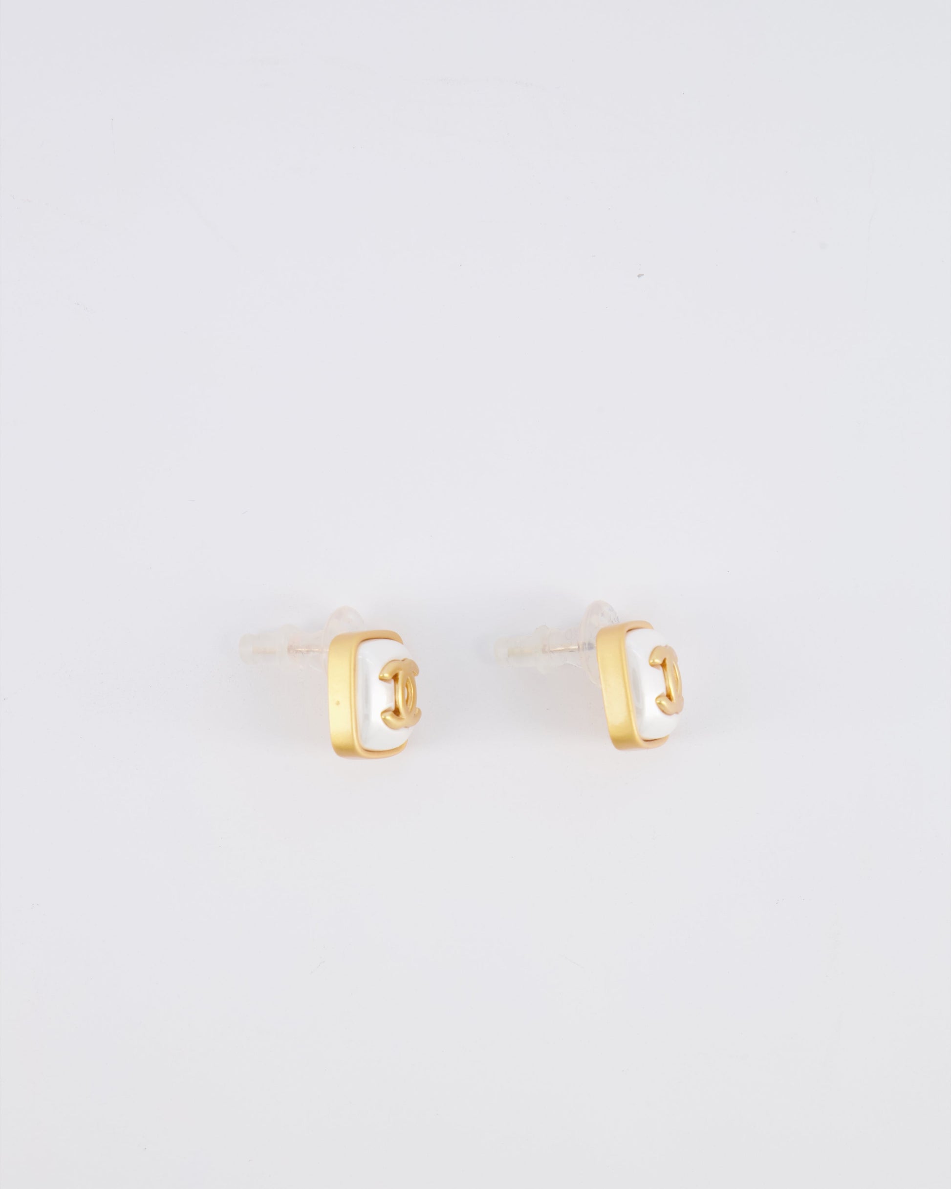 Chanel 25A Brushed Gold and White CC Logo Small Square Earrings