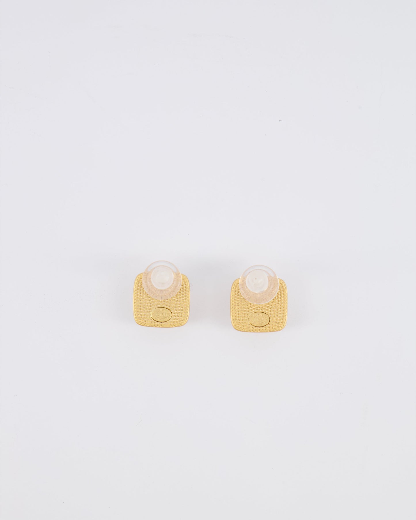 Chanel 25A Brushed Gold and White CC Logo Small Square Earrings