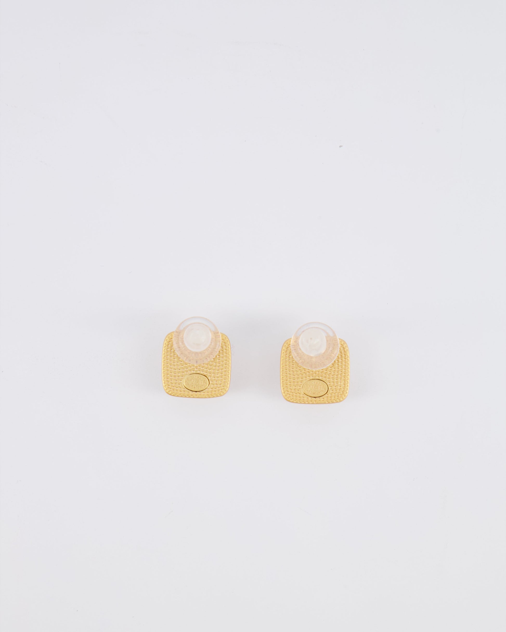 Chanel 25A Brushed Gold and White CC Logo Small Square Earrings