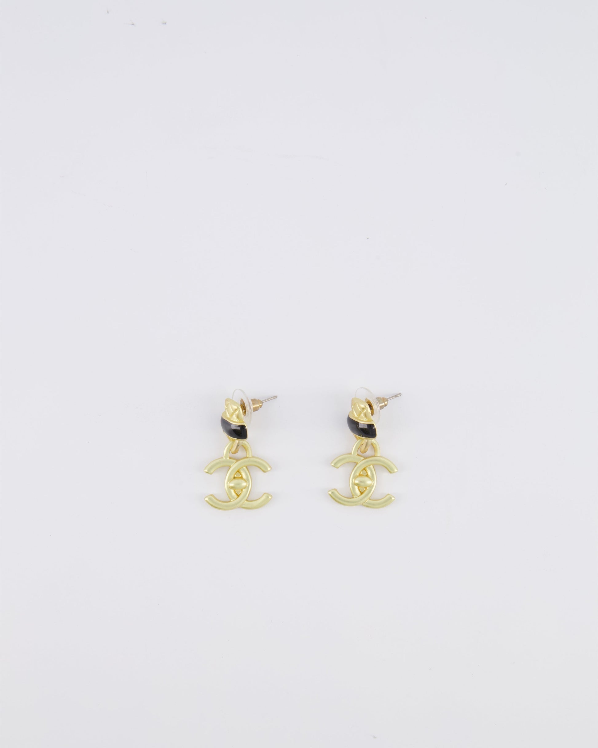 Chanel 22A Brushed Gold CC Logo Pendant Earrings with Black Enamel Detailing