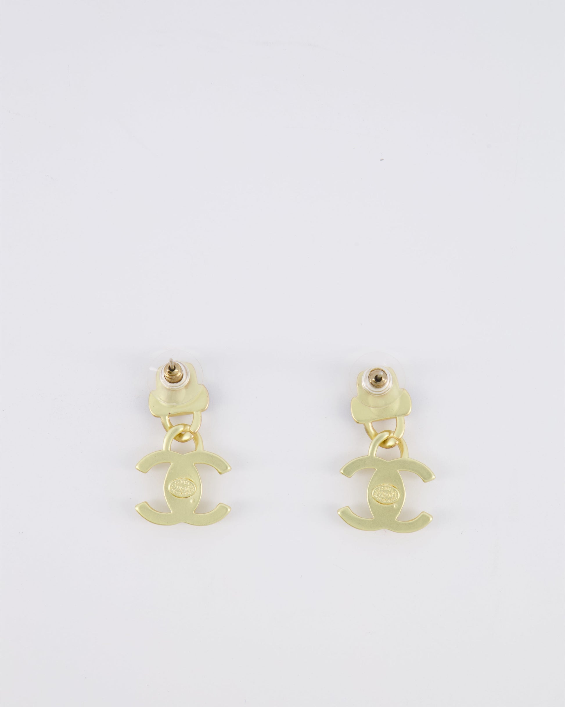 Chanel 22A Brushed Gold CC Logo Pendant Earrings with Black Enamel Detailing