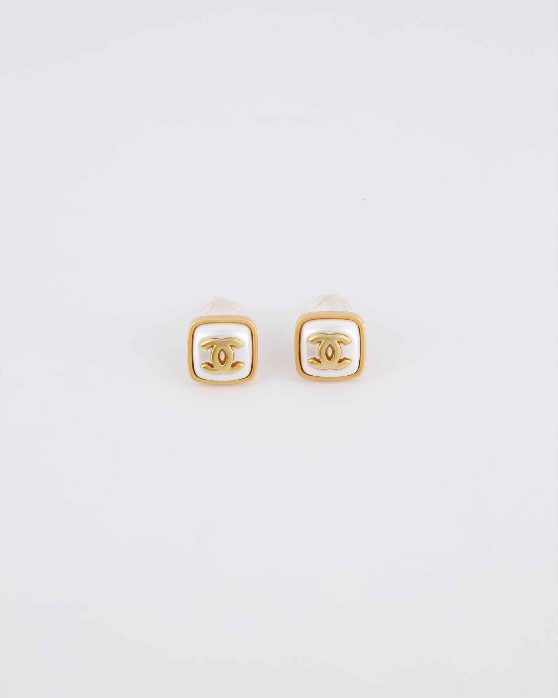Chanel 25A Brushed Gold and White CC Logo Small Square Earrings