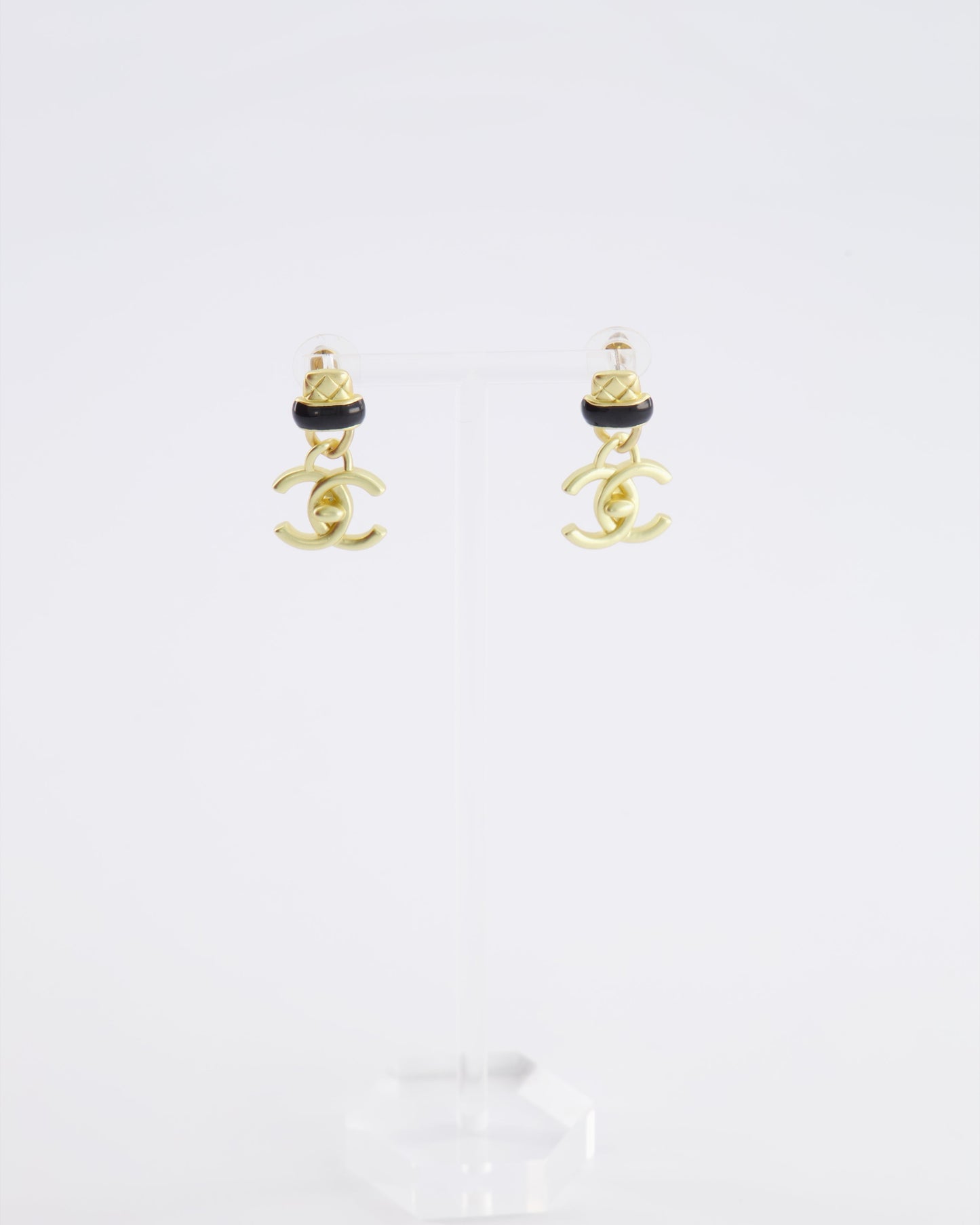 Chanel 22A Brushed Gold CC Logo Pendant Earrings with Black Enamel Detailing