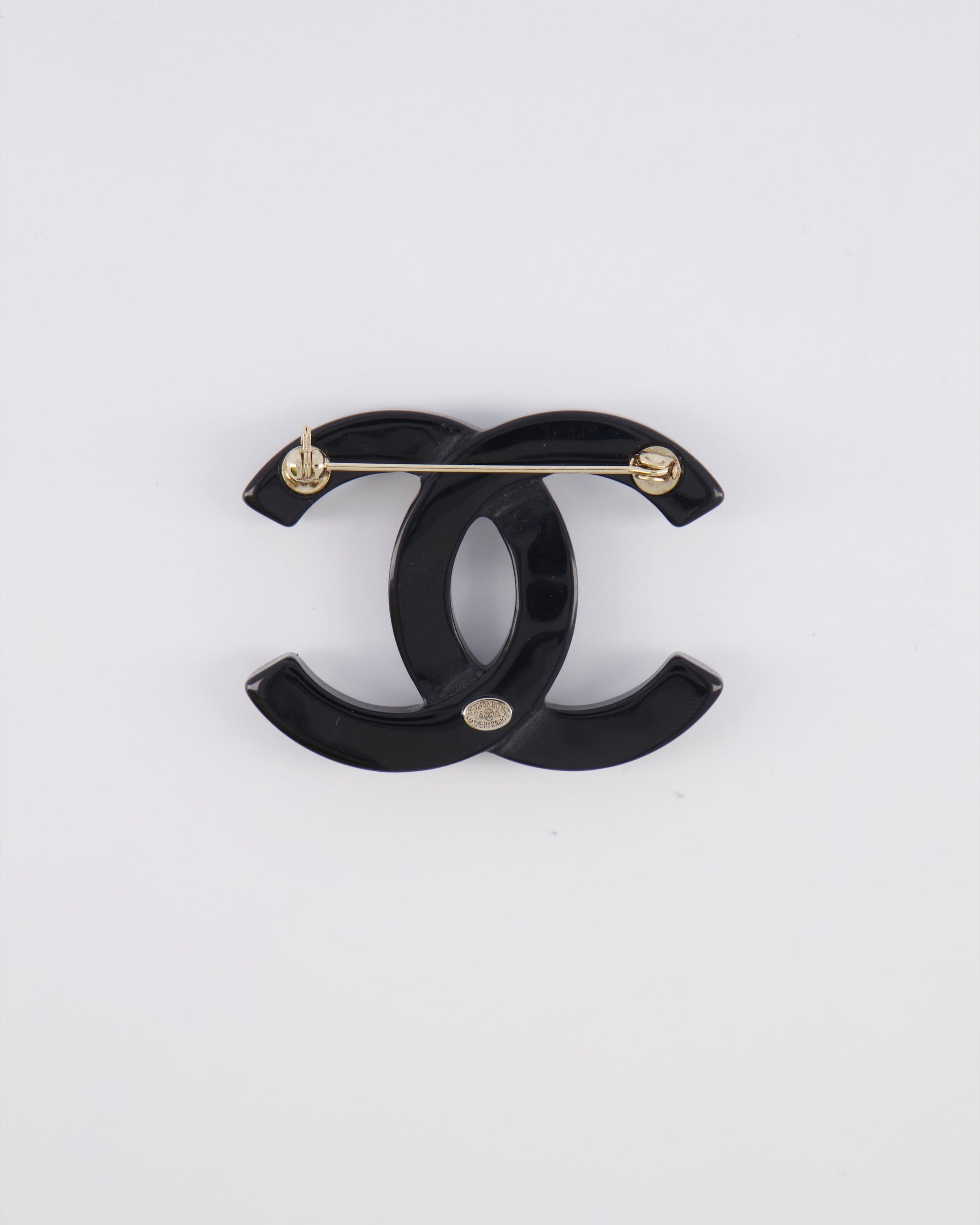 Chanel 24A Black and Crystal Embellished CC Logo Brooch
