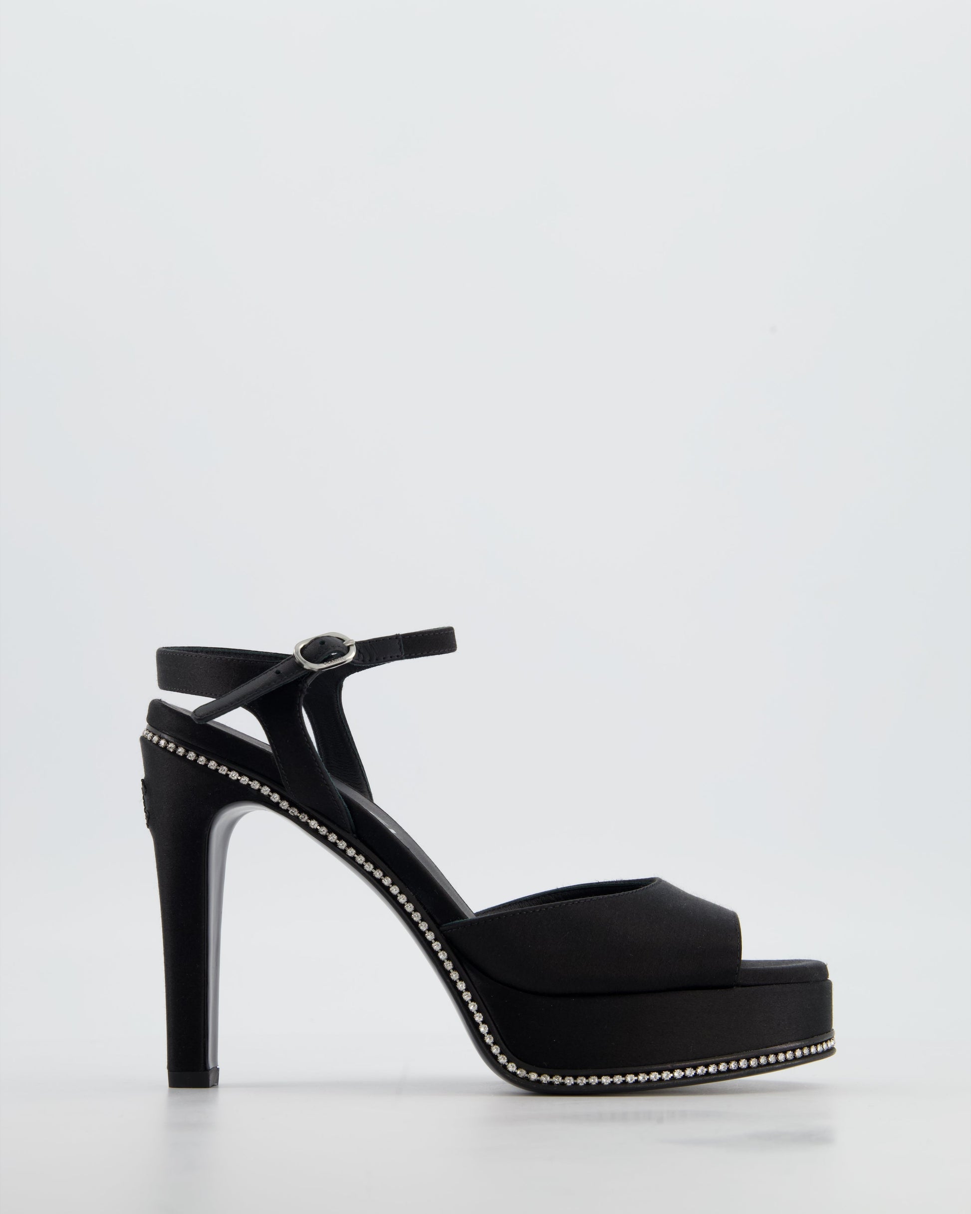 Chanel 23S Black Platform Open Toe Heels in Satin with Crystals & Stitched CC Logo Details Size Eu 37 Rrp £1,470 for Women