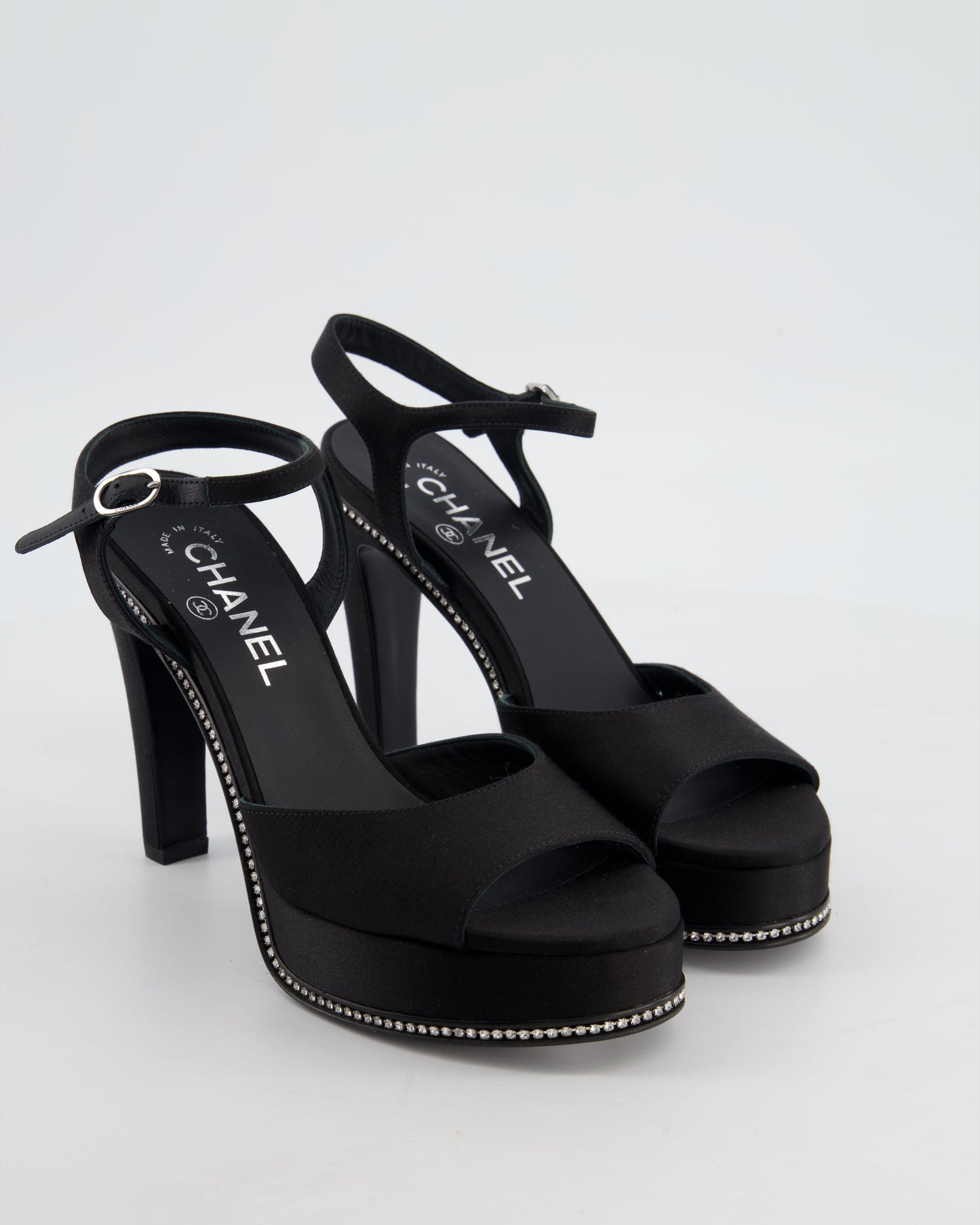 Chanel 23S Black Platform Open Toe Heels In Satin With Crystals & Stitched Cc Logo Details Size Eu 37 Rrp £1,470