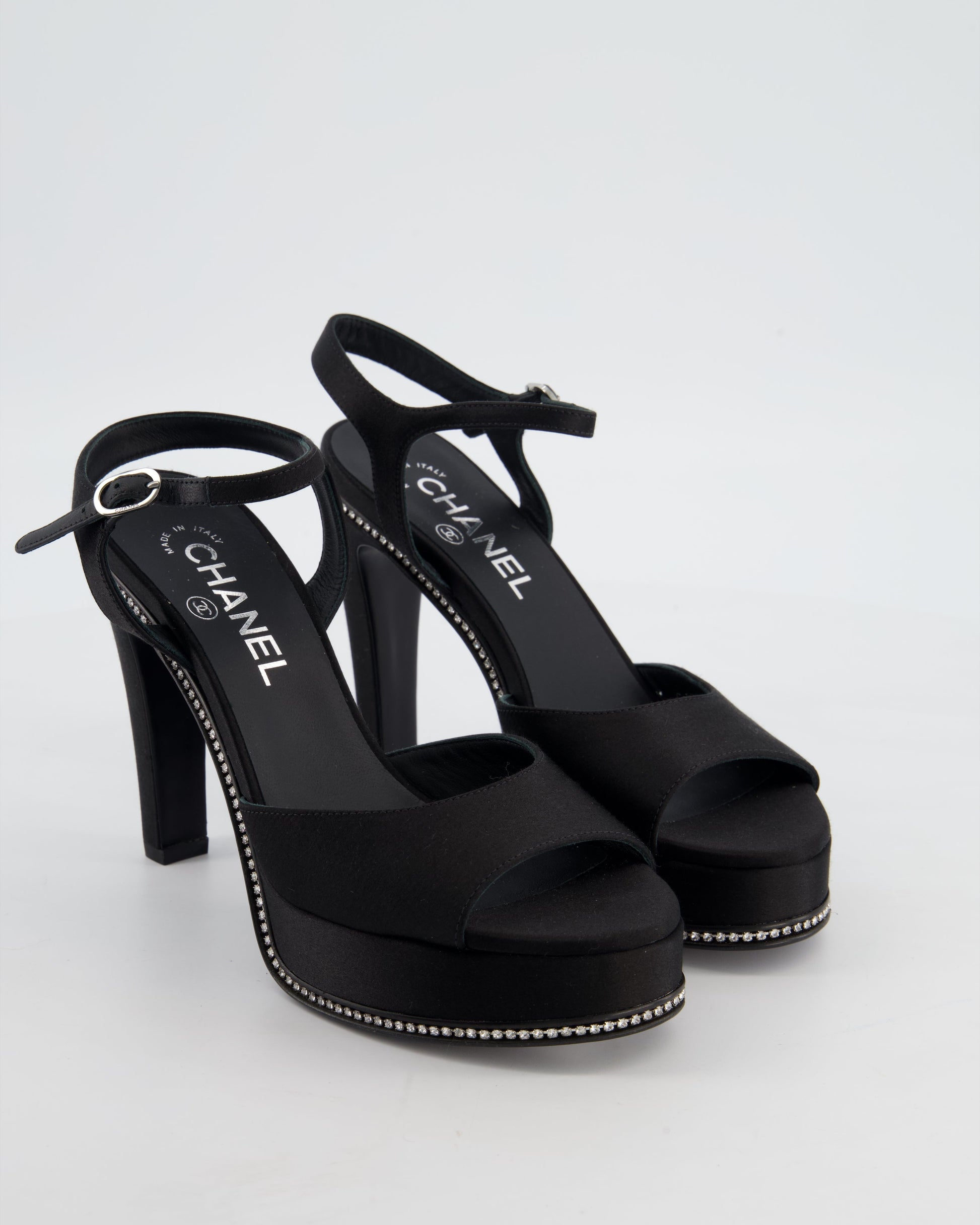 Chanel 23S Black Platform Open Toe Heels In Satin With Crystals & Stitched Cc Logo Details Size Eu 37 Rrp £1,470