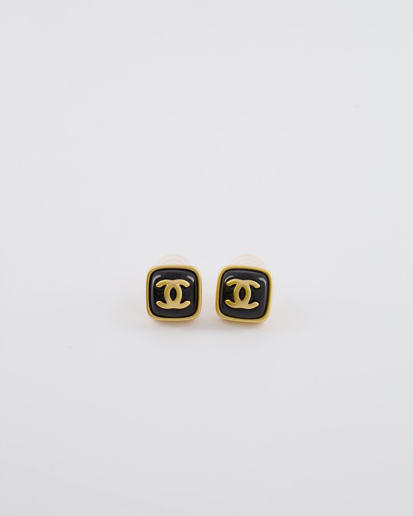 Chanel 25A Brushed Gold and Black CC Logo Small Square Earrings