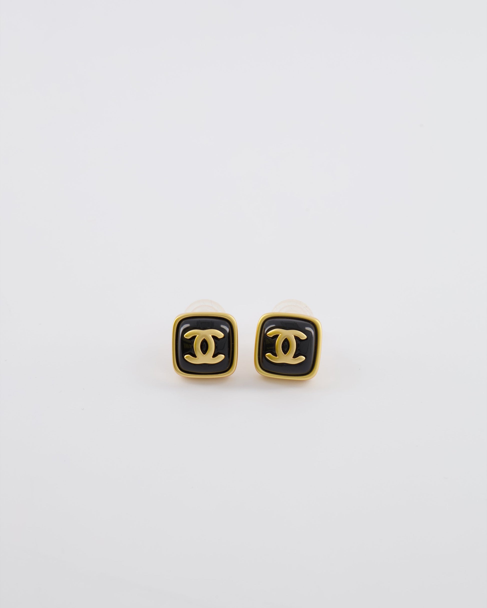 Chanel 25A Brushed Gold and Black CC Logo Small Square Earrings