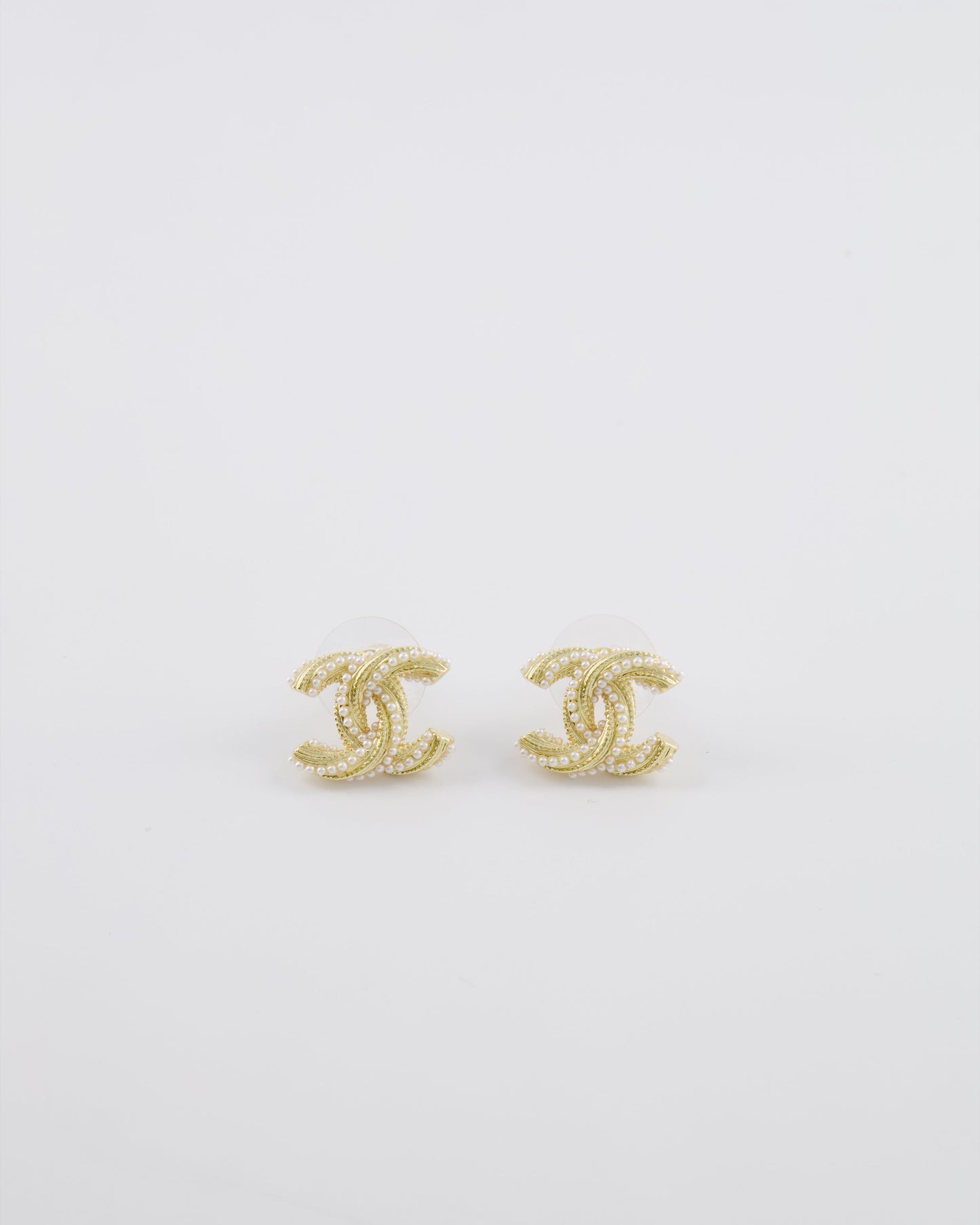 Chanel 24A Champagne Gold Textured CC Logo Small Earrings with Pearls