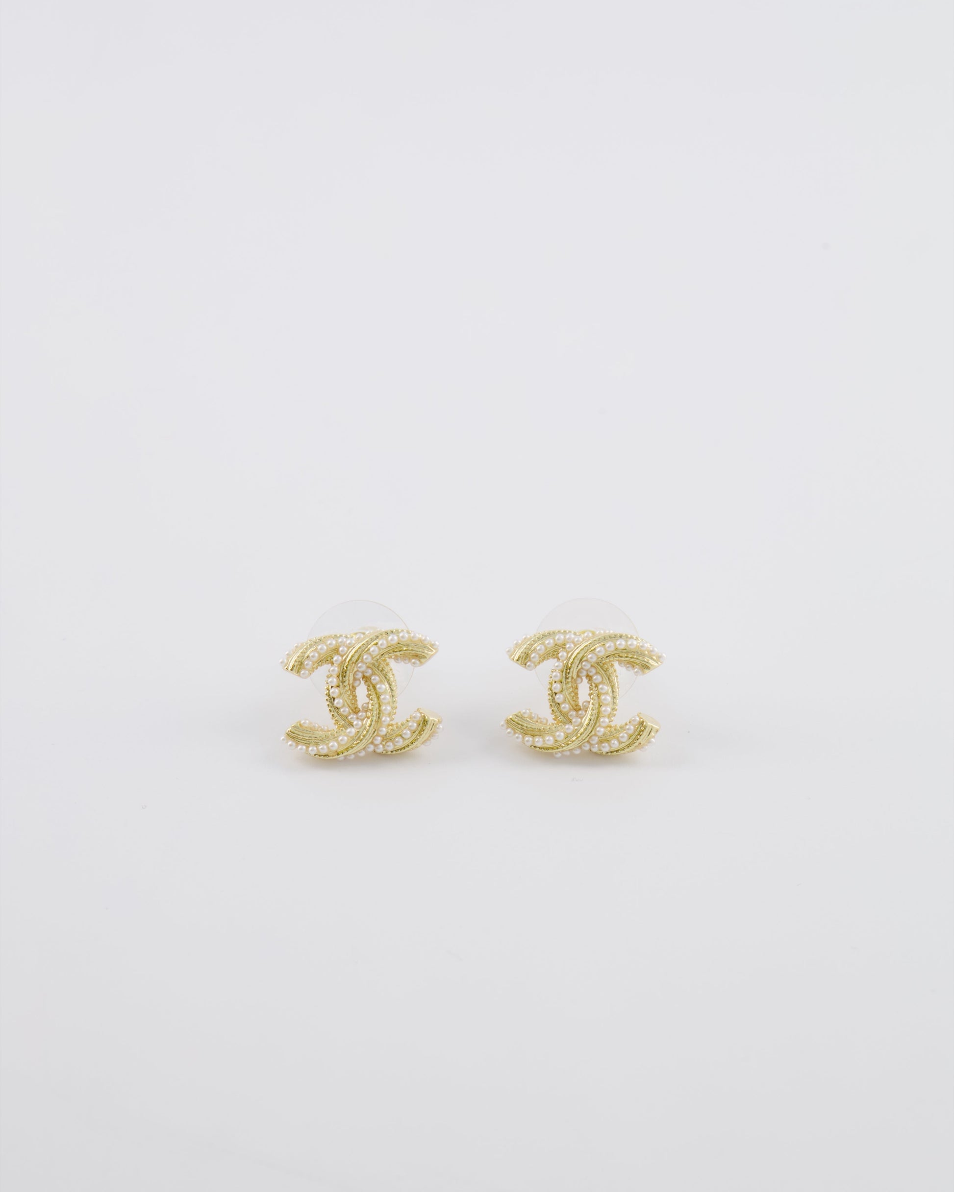 Chanel 24A Champagne Gold Textured CC Logo Small Earrings with Pearls
