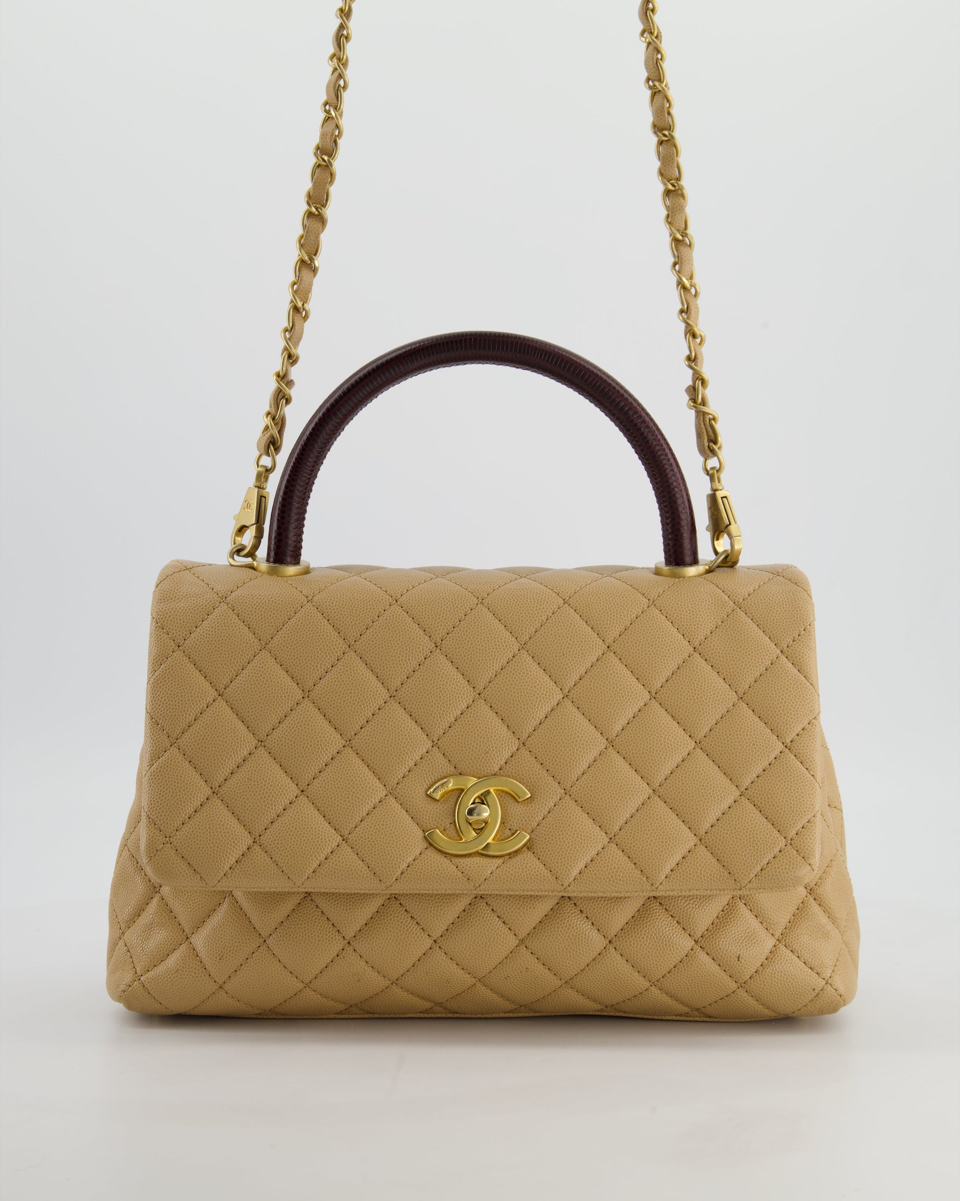 Chanel Medium Coco Top Handle Bag In Chai Beige Caviar Leather With Brushed Gold Hardware