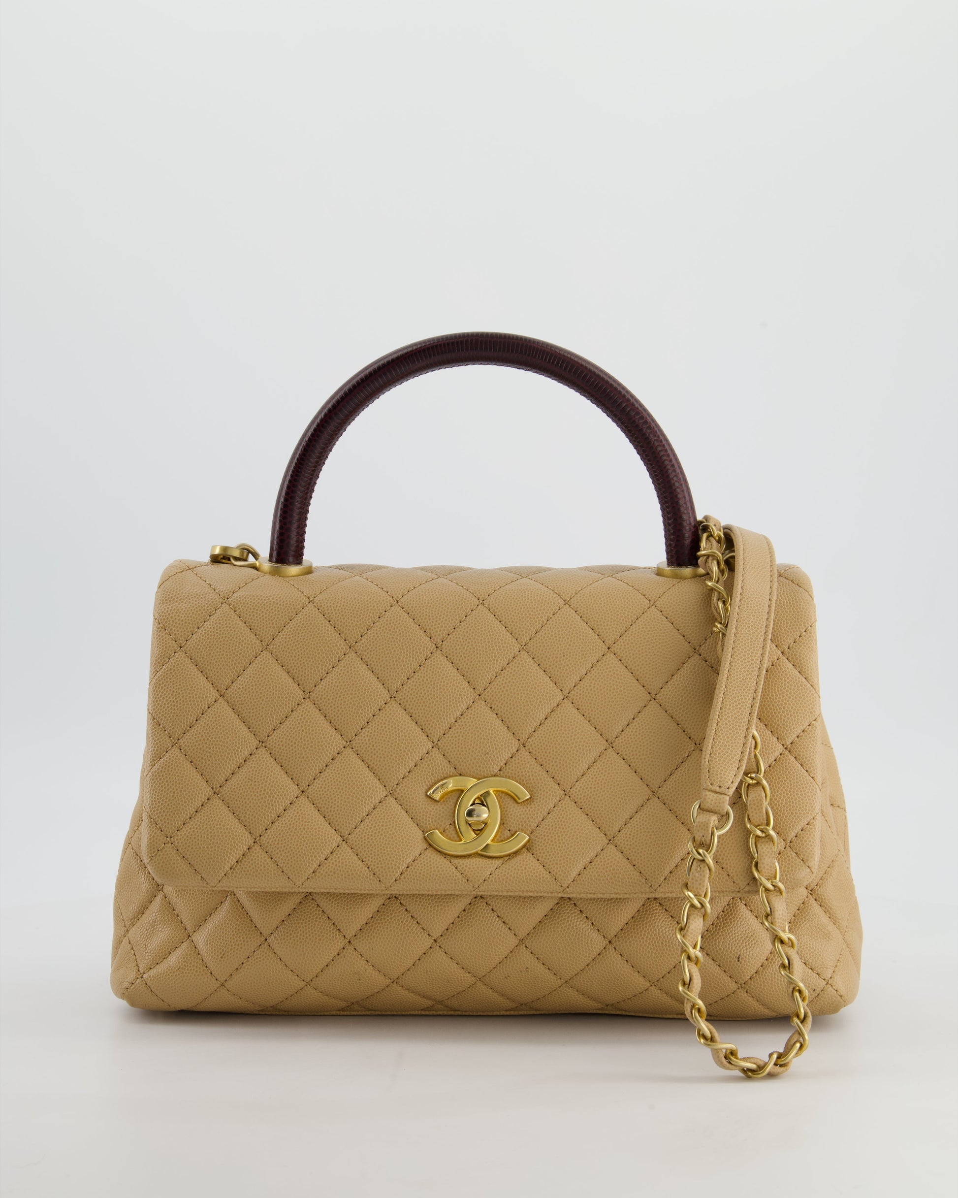 Chanel Medium Coco Top Handle Bag In Chai Beige Caviar Leather With Brushed Gold Hardware
