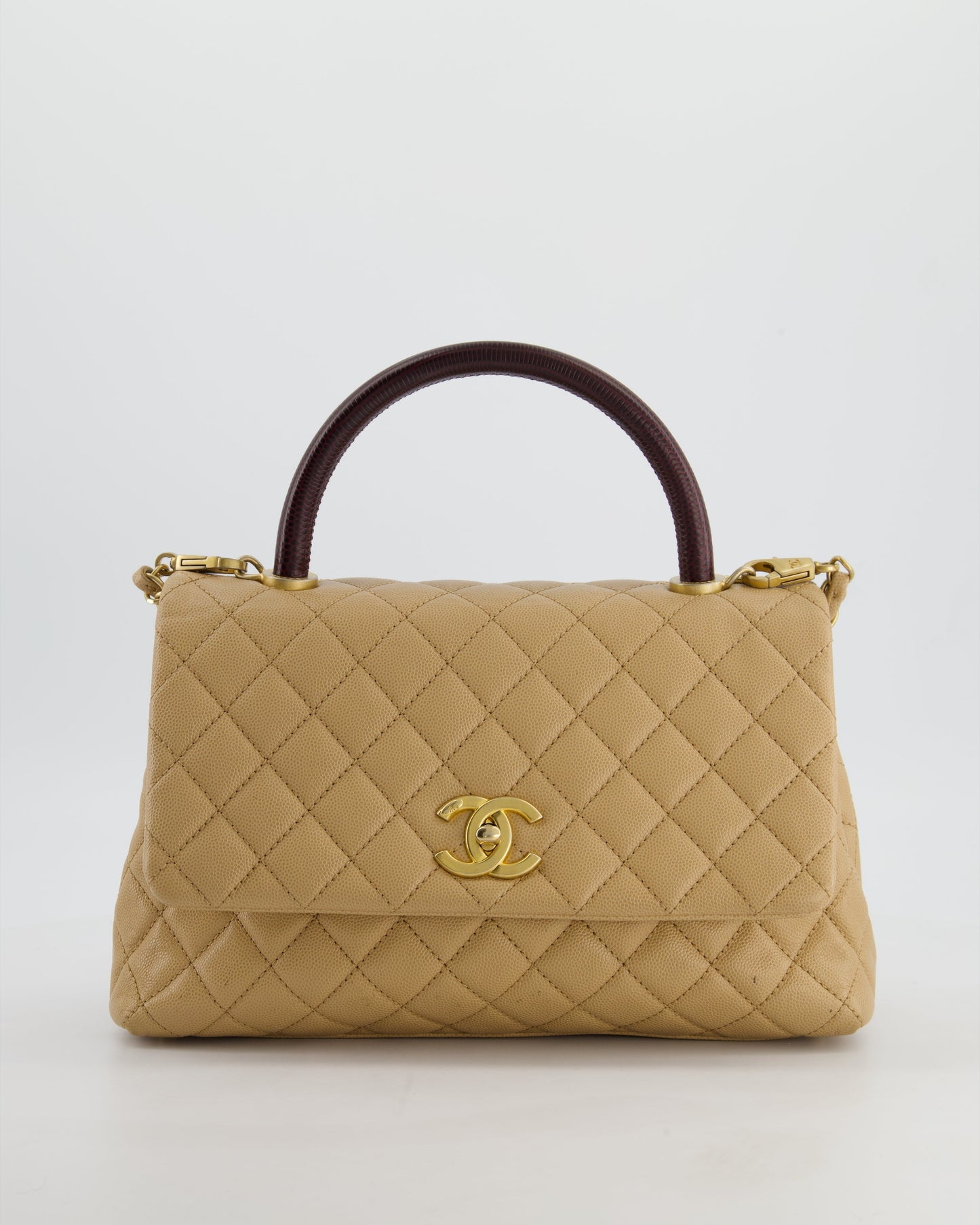 Chanel Medium Coco Top Handle Bag In Chai Beige Caviar Leather With Brushed Gold Hardware