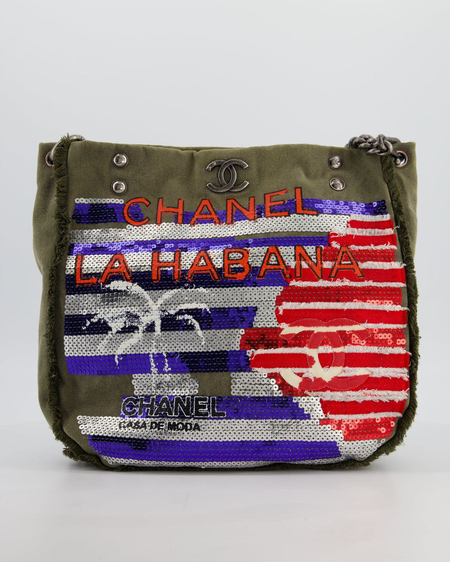 Chanel Khaki Canvas La Habana Casa De Moda Silver, Navy And Red Sequin Embellished Tote Bag With Ruthenium Hardware
