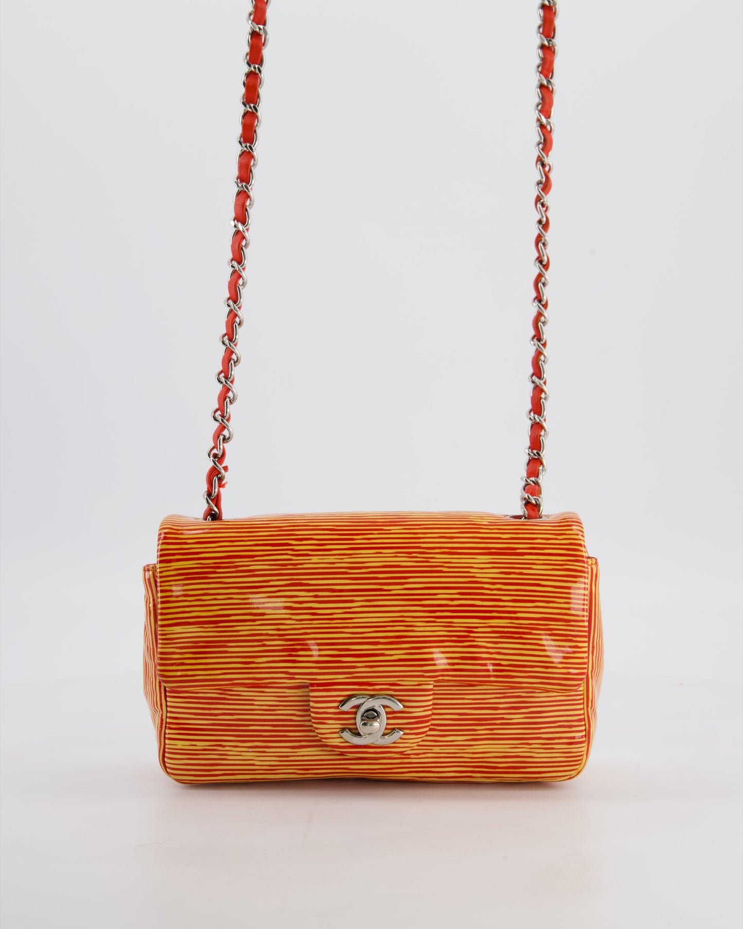 Chanel *Fire Price* Red & Yellow Striped Mini Rectangular Flap Bag In Patent Leather With Silver Hardware