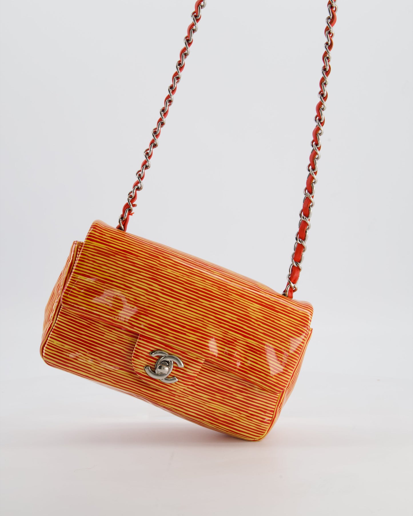 Chanel *Fire Price* Red & Yellow Striped Mini Rectangular Flap Bag In Patent Leather With Silver Hardware