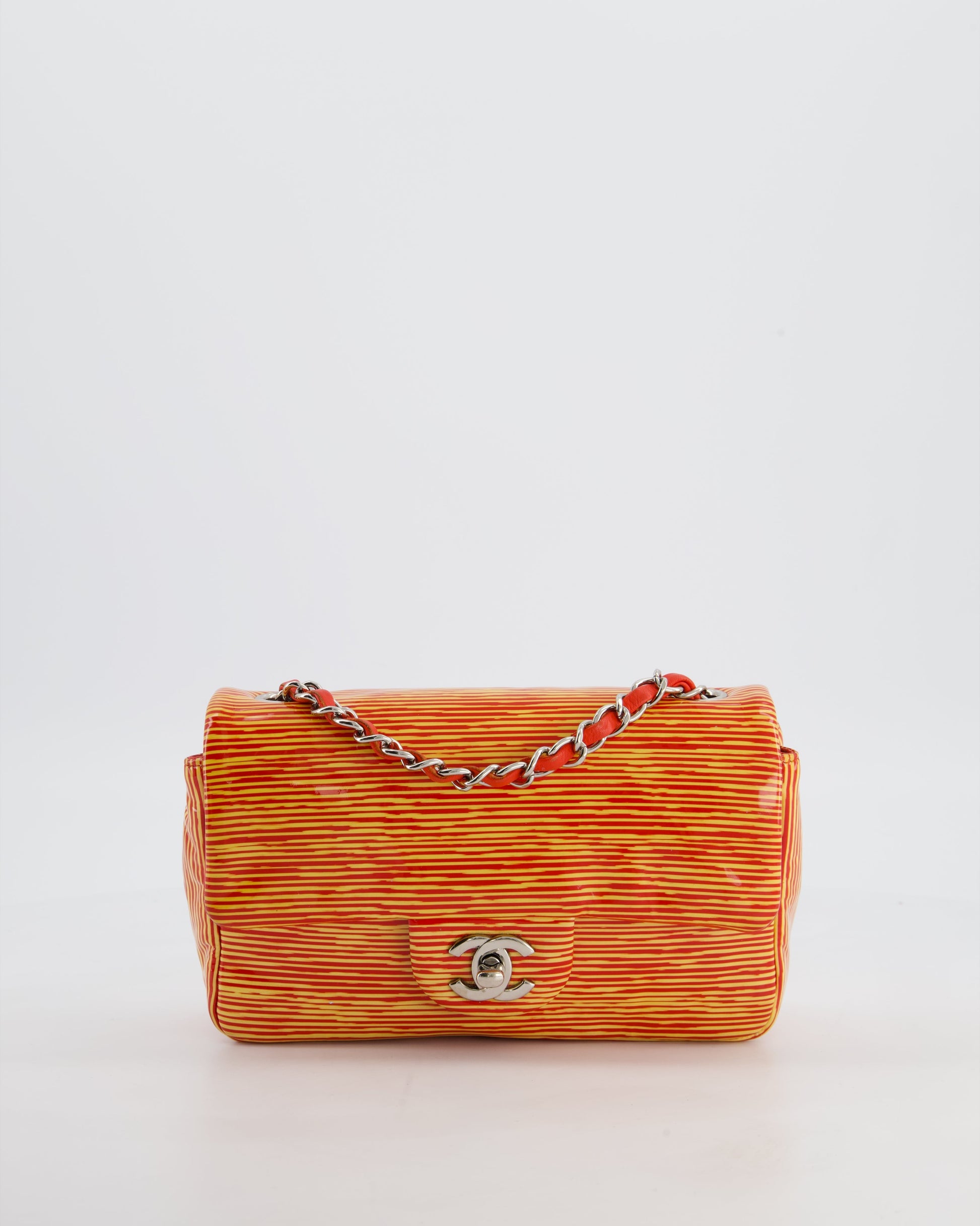 Chanel *fire Price* Red & Yellow Striped Mini Rectangular Flap Bag in Patent Leather with Silver Hardware