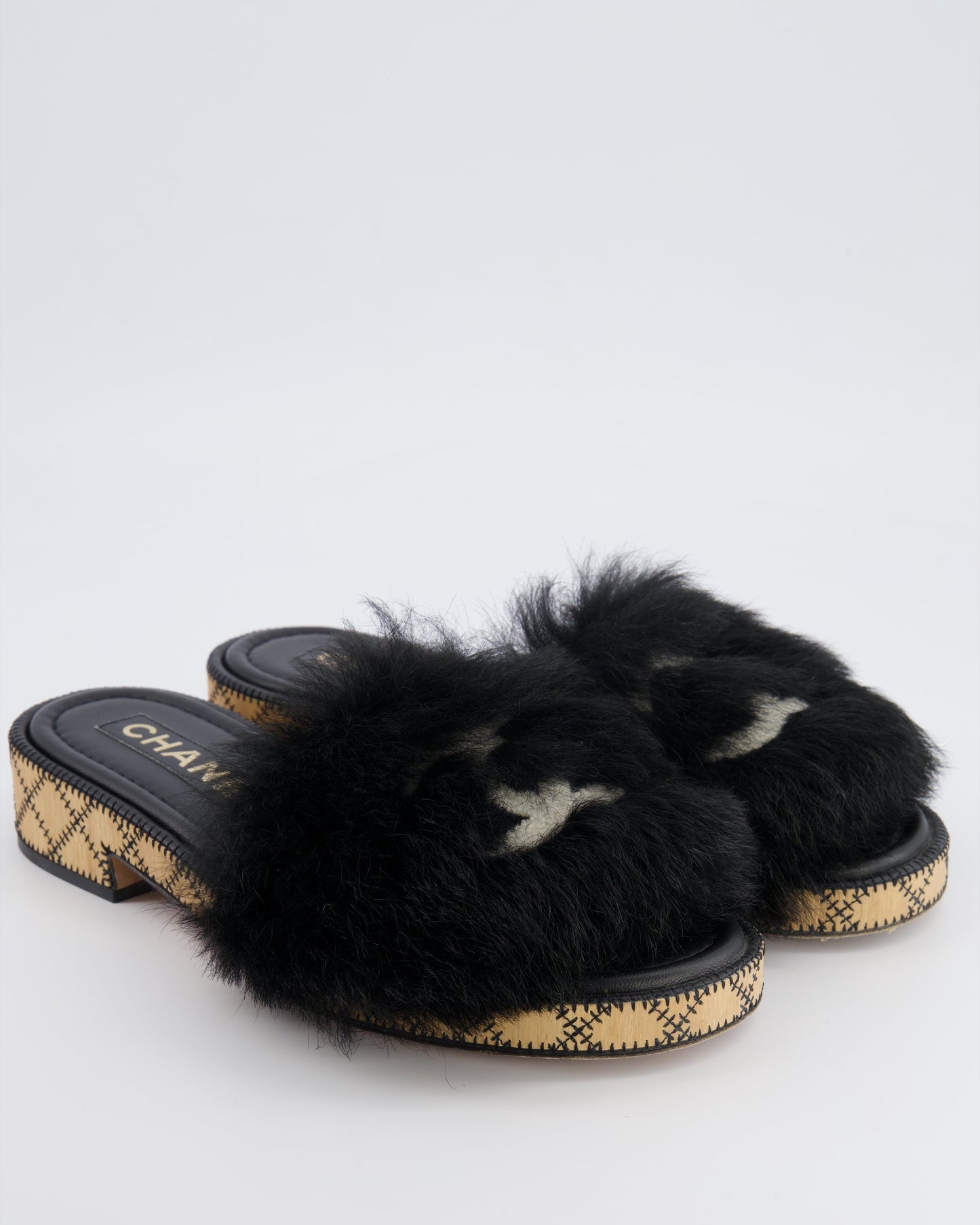 Chanel 22B Black Shearling Mules With Cc Logo Details And Wooden Sole Size 39 Women Shoes