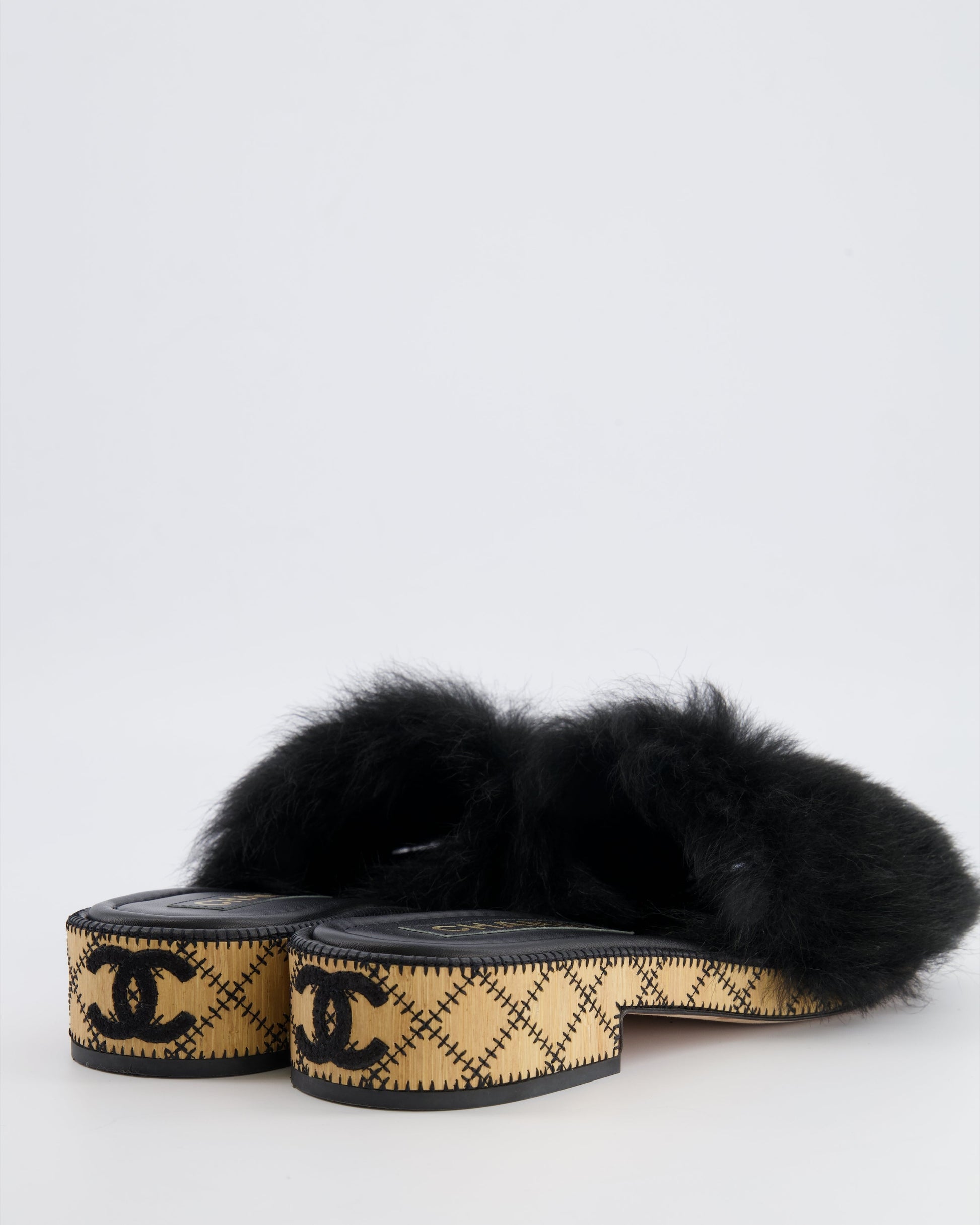 Chanel 22B Black Shearling Mules with CC Logo Details and Wooden Sole Size 39 for Women