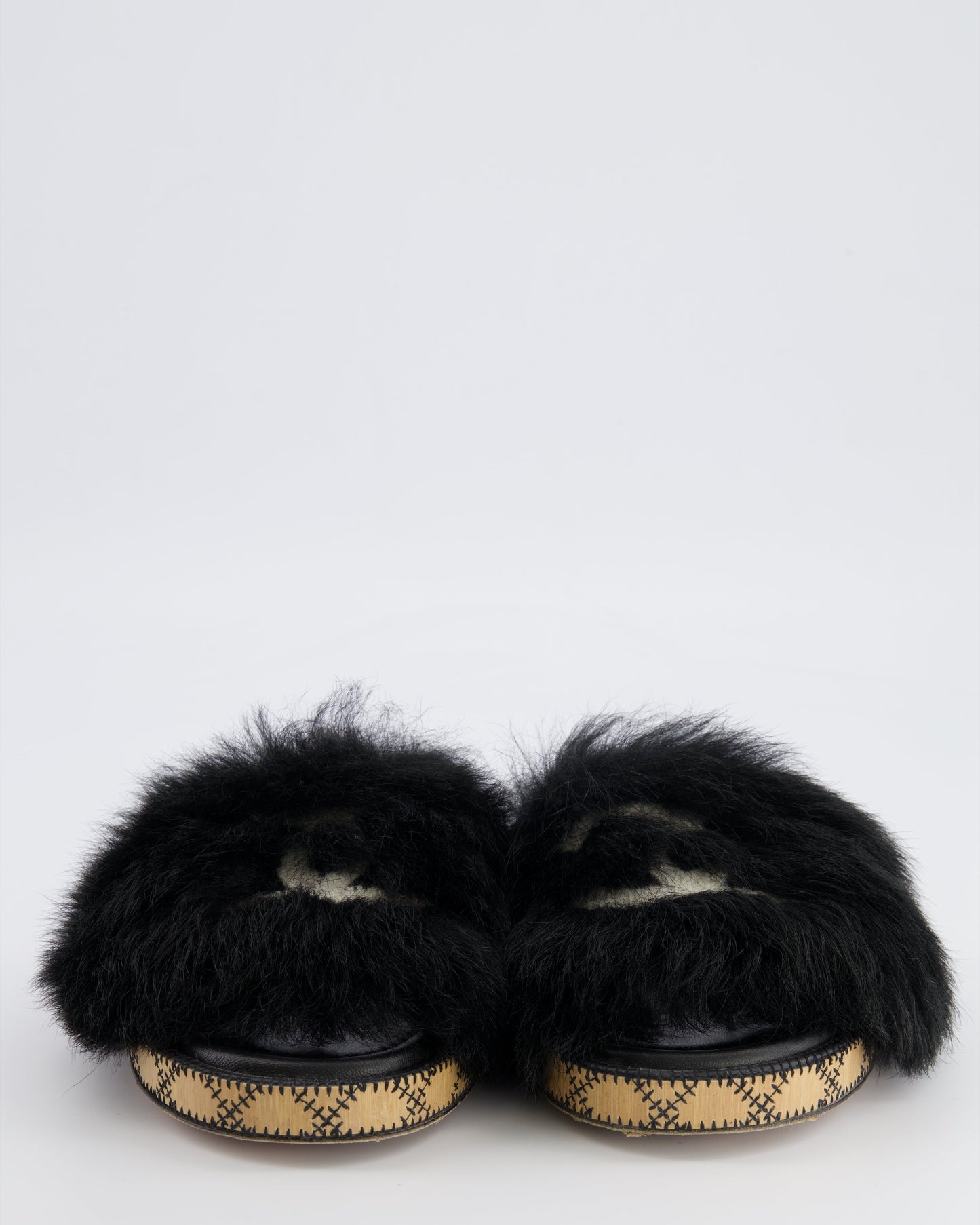 Chanel 22B Black Shearling Mules with CC Logo Details and Wooden Sole Size 39