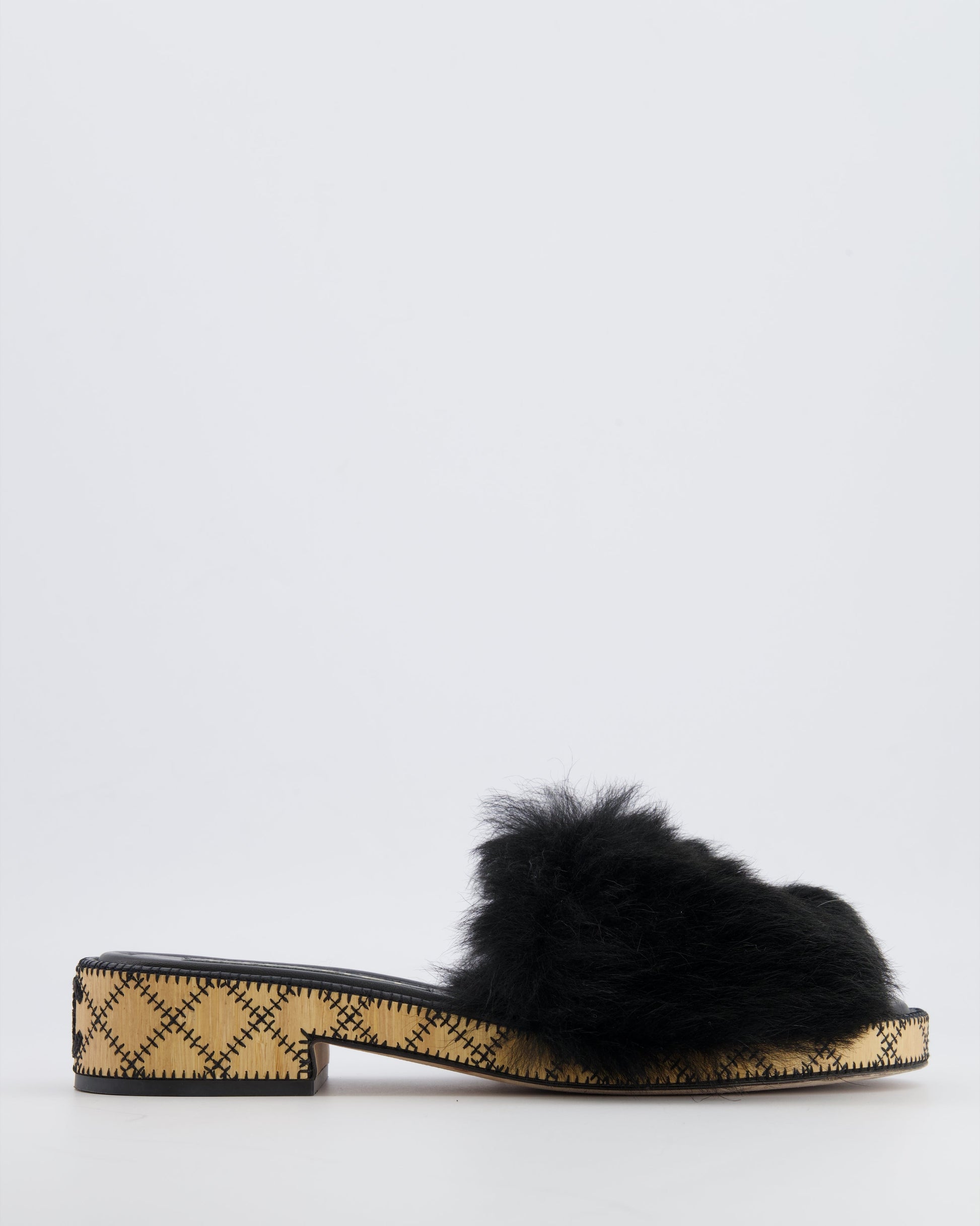 Chanel 22B Black Shearling Mules with CC Logo Details and Wooden Sole Size 39 for Women