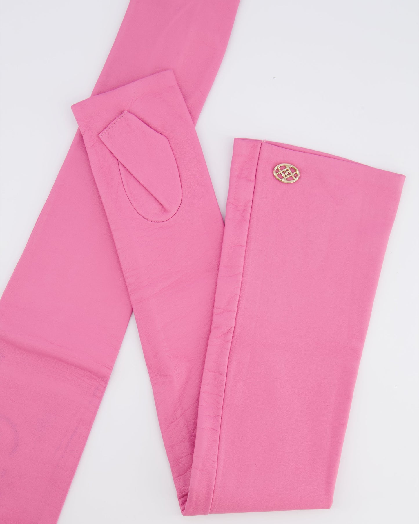 Chanel 18K Pink Lambskin Leather Long Mitten Gloves With Gold Cc Logo Details Size 6 1/2 Bag