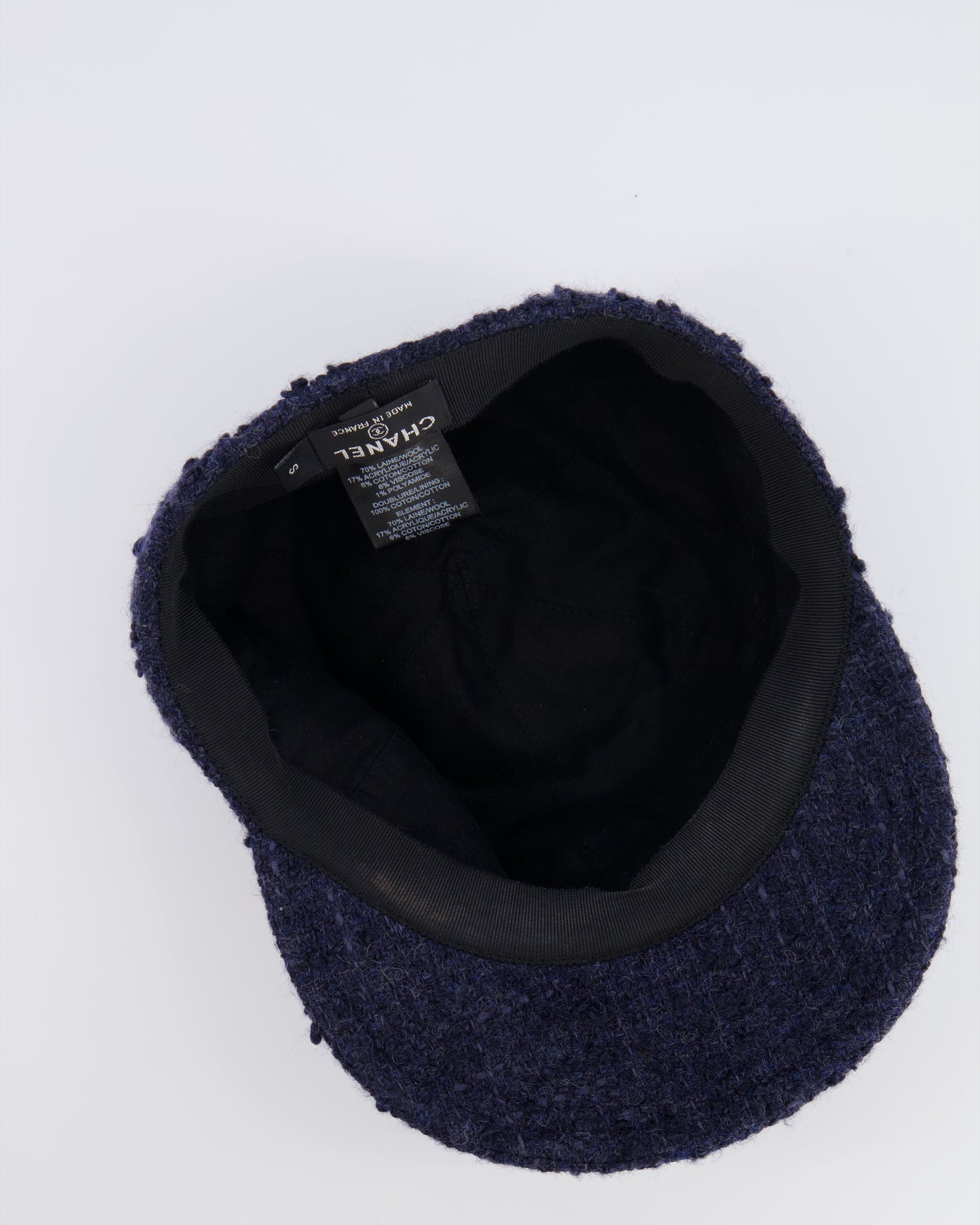 Chanel 22B Navy Wool Tweed Cap with CC Logo Detail Size S