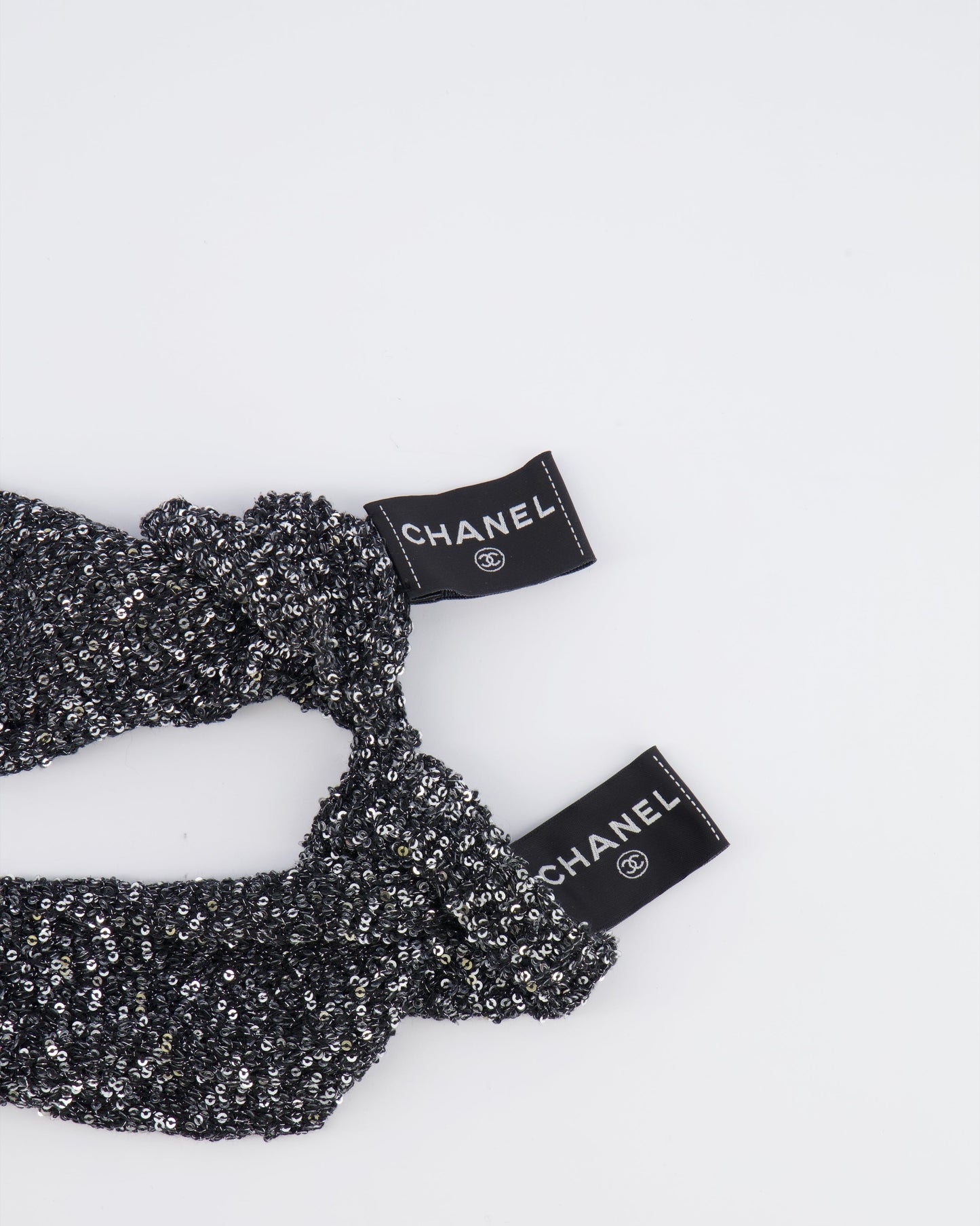 Chanel Black and Silver Sequin Embellished Mitten Gloves