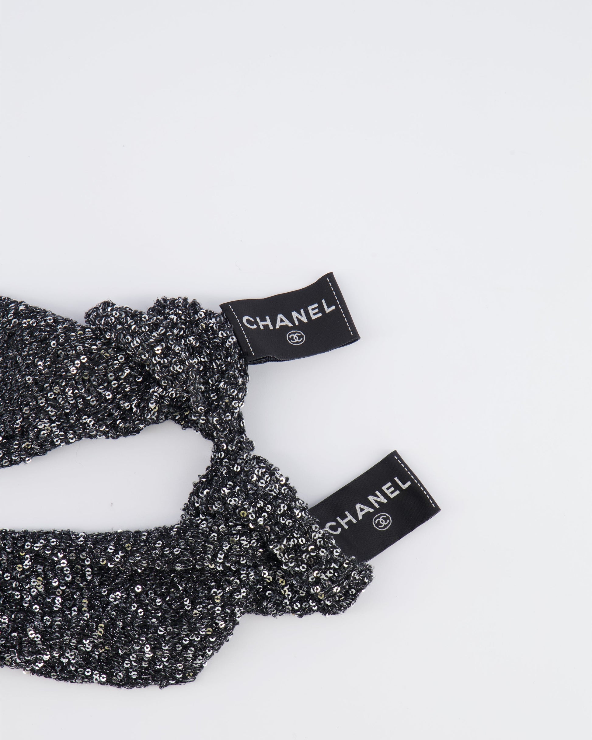 Chanel Black and Silver Sequin Embellished Mitten Gloves