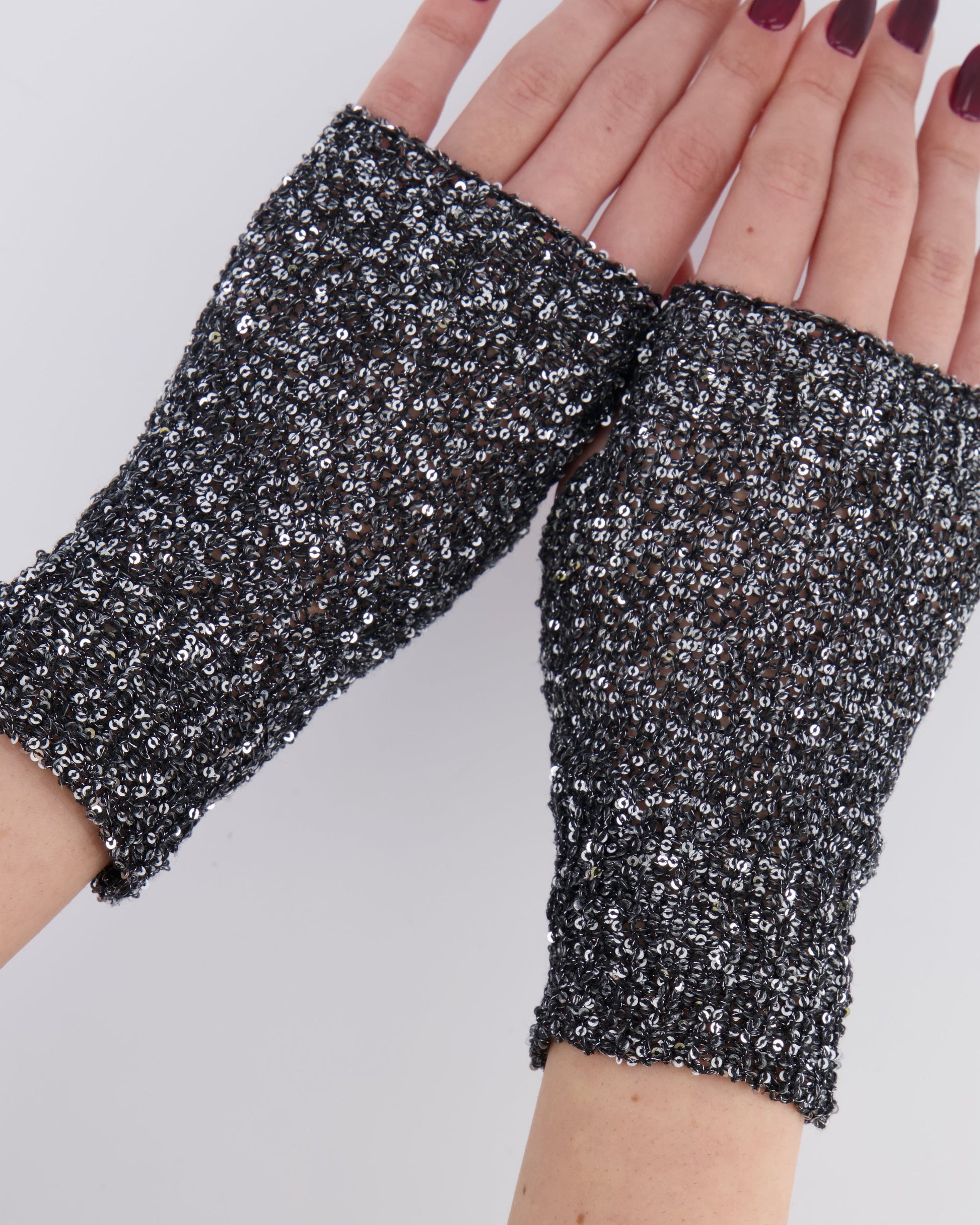 Chanel Black and Silver Sequin Embellished Mitten Gloves