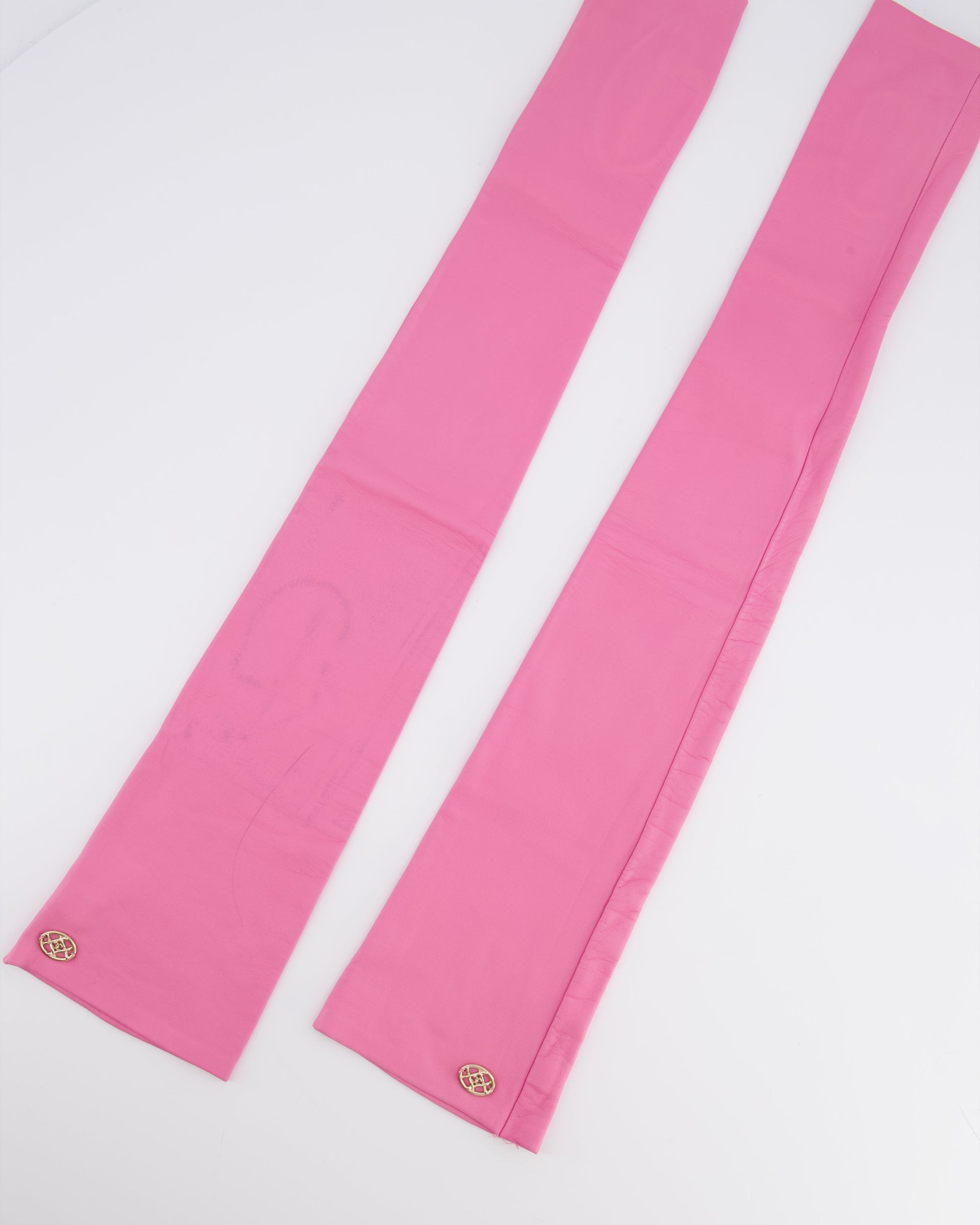 Chanel 18K Pink Lambskin Leather Long Mitten Gloves With Gold Cc Logo Details Size 6 1/2 Bag