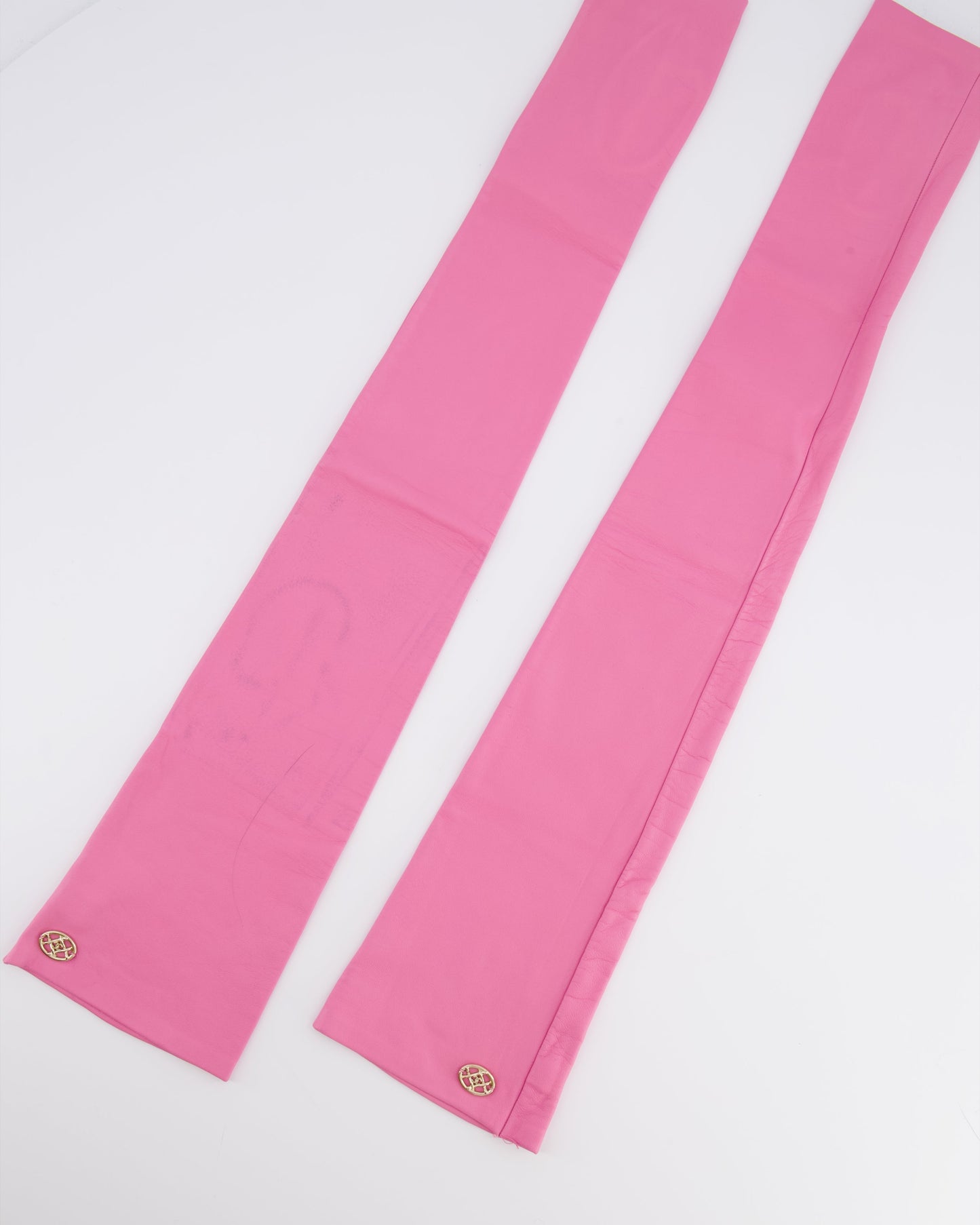 Chanel 18K Pink Lambskin Leather Long Mitten Gloves with Gold CC Logo Details Size 6 1/2