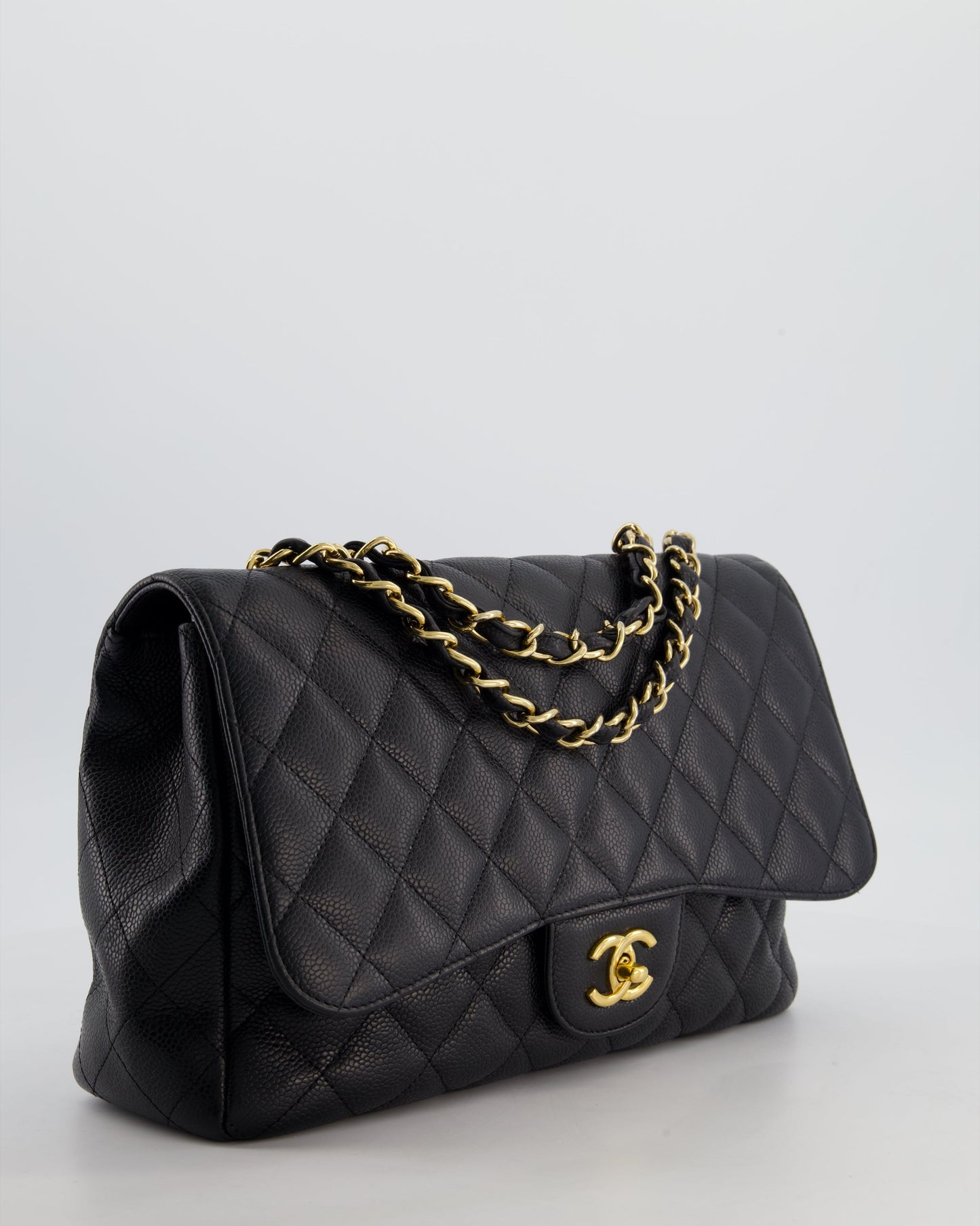 Chanel *fire Price* Black Jumbo Classic Single Flap Bag in Caviar Leather with Gold Hardware