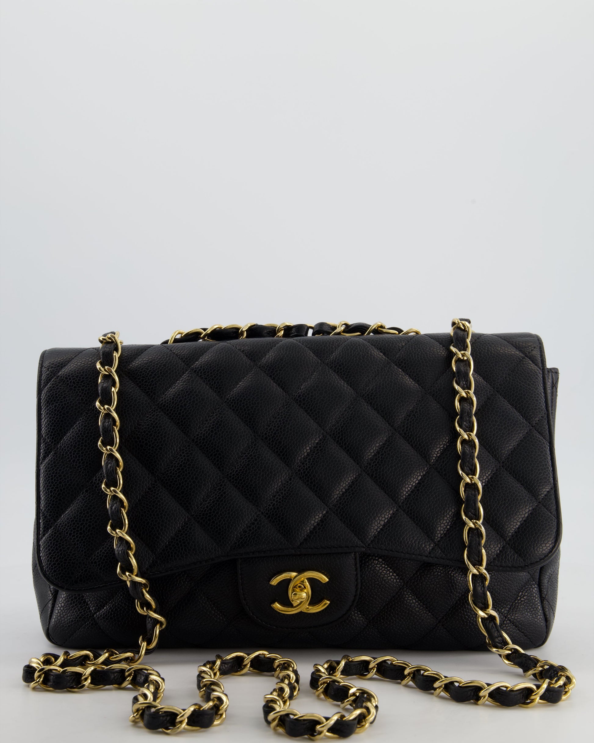 Chanel *Fire Price* Black Jumbo Classic Single Flap Bag In Caviar Leather With Gold Hardware