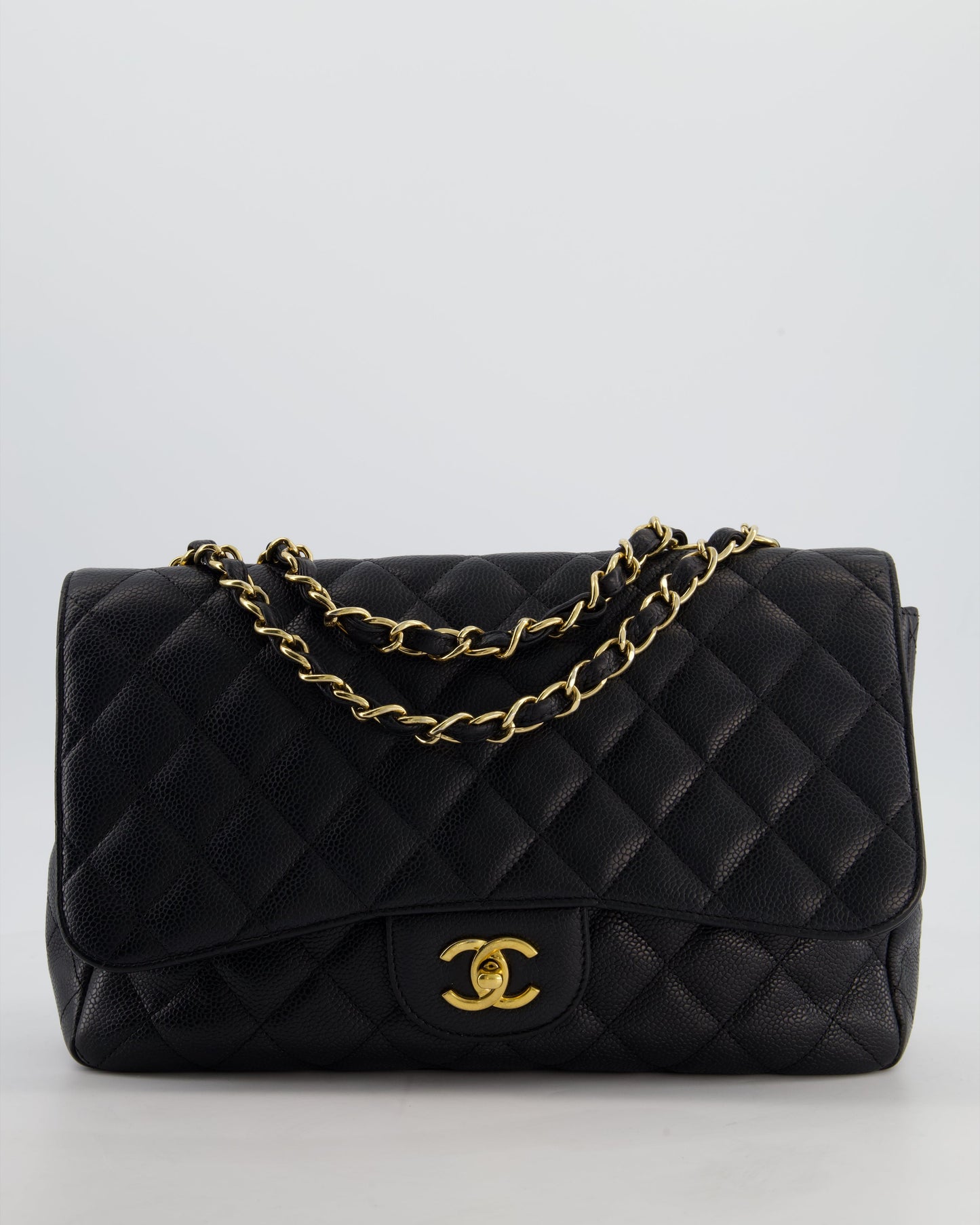 Chanel *Fire Price* Black Jumbo Classic Single Flap Bag In Caviar Leather With Gold Hardware