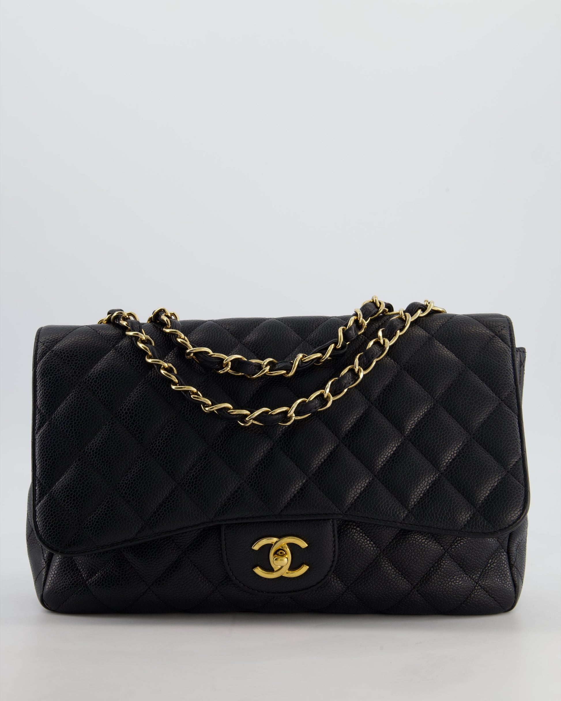 Chanel *Fire Price* Black Jumbo Classic Single Flap Bag In Caviar Leather With Gold Hardware