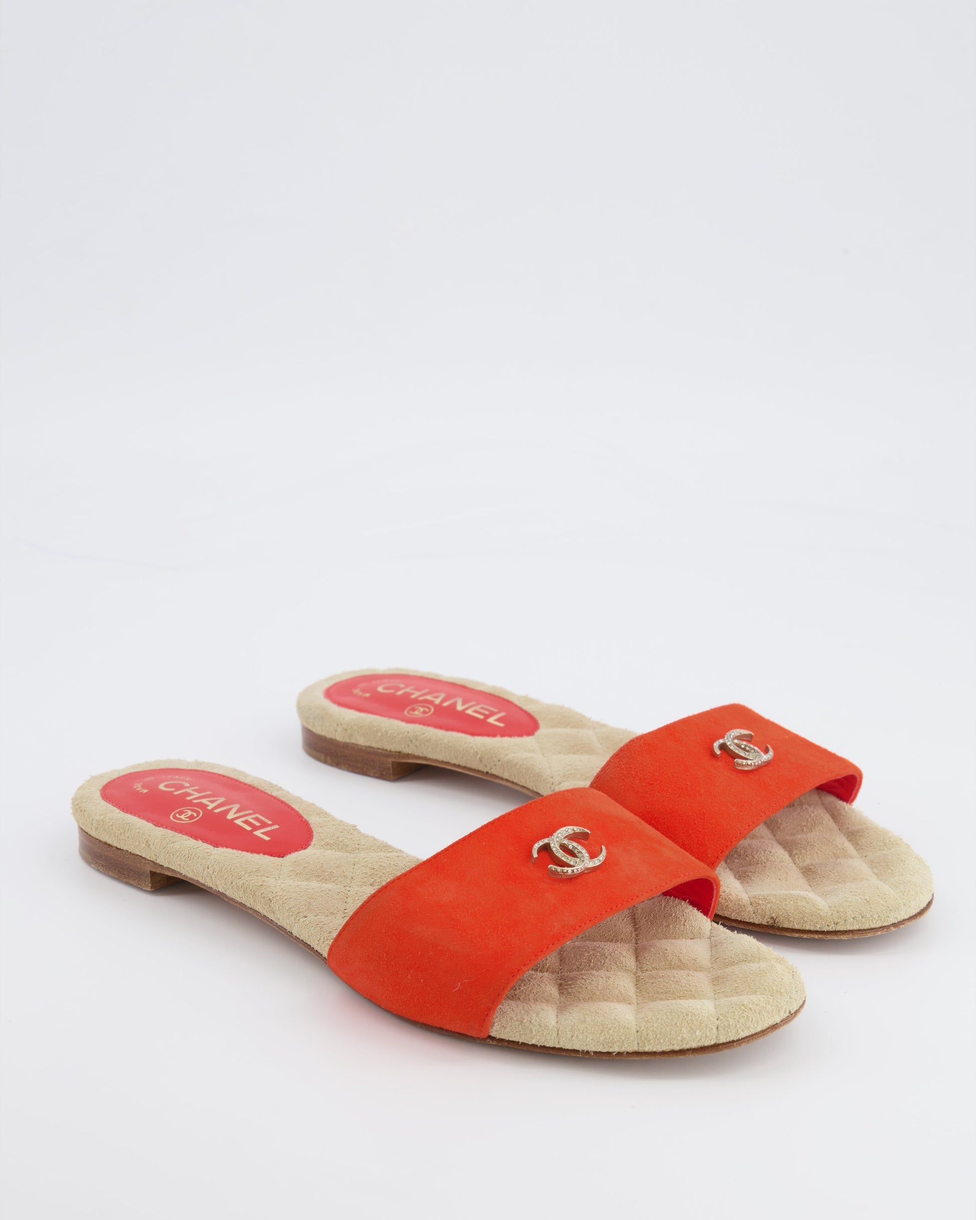 Chanel Orange Suede Mules with Crystal CC Logo Details Size 38.5 for Women