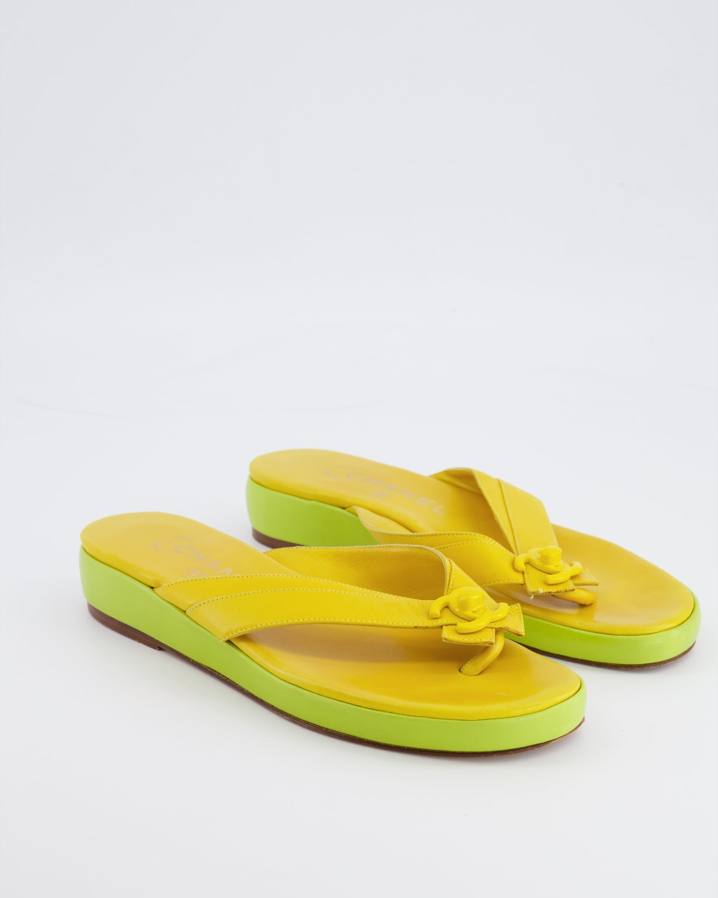 Chanel 2002   Yellow and Green Leather Heeled Flip Flops with CC Logo Detailing Size 38