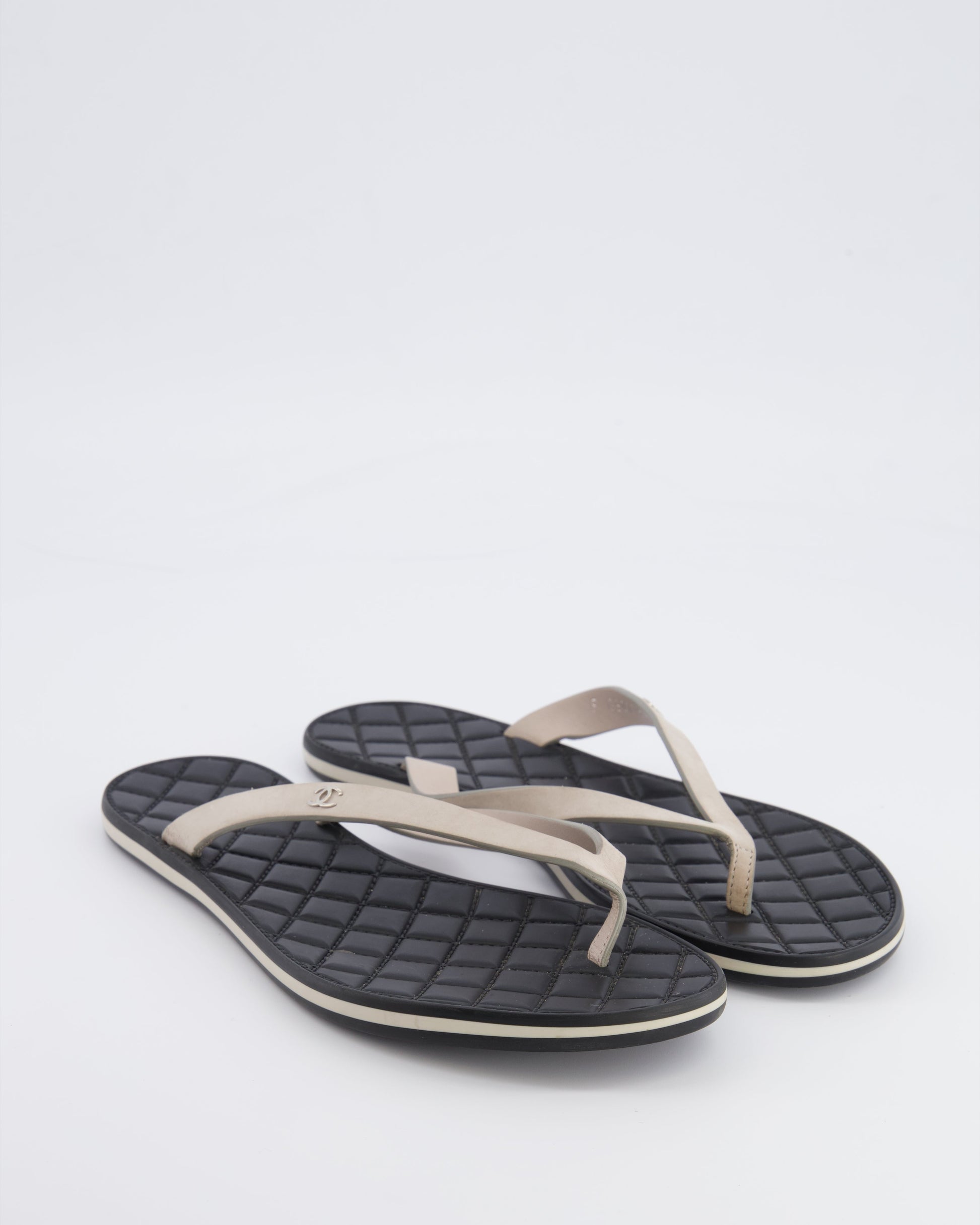 Chanel Spring Beige Suede Flip Flops With Silver Cc Logo And Black Matelasse Sole Size 38 Women Shoes